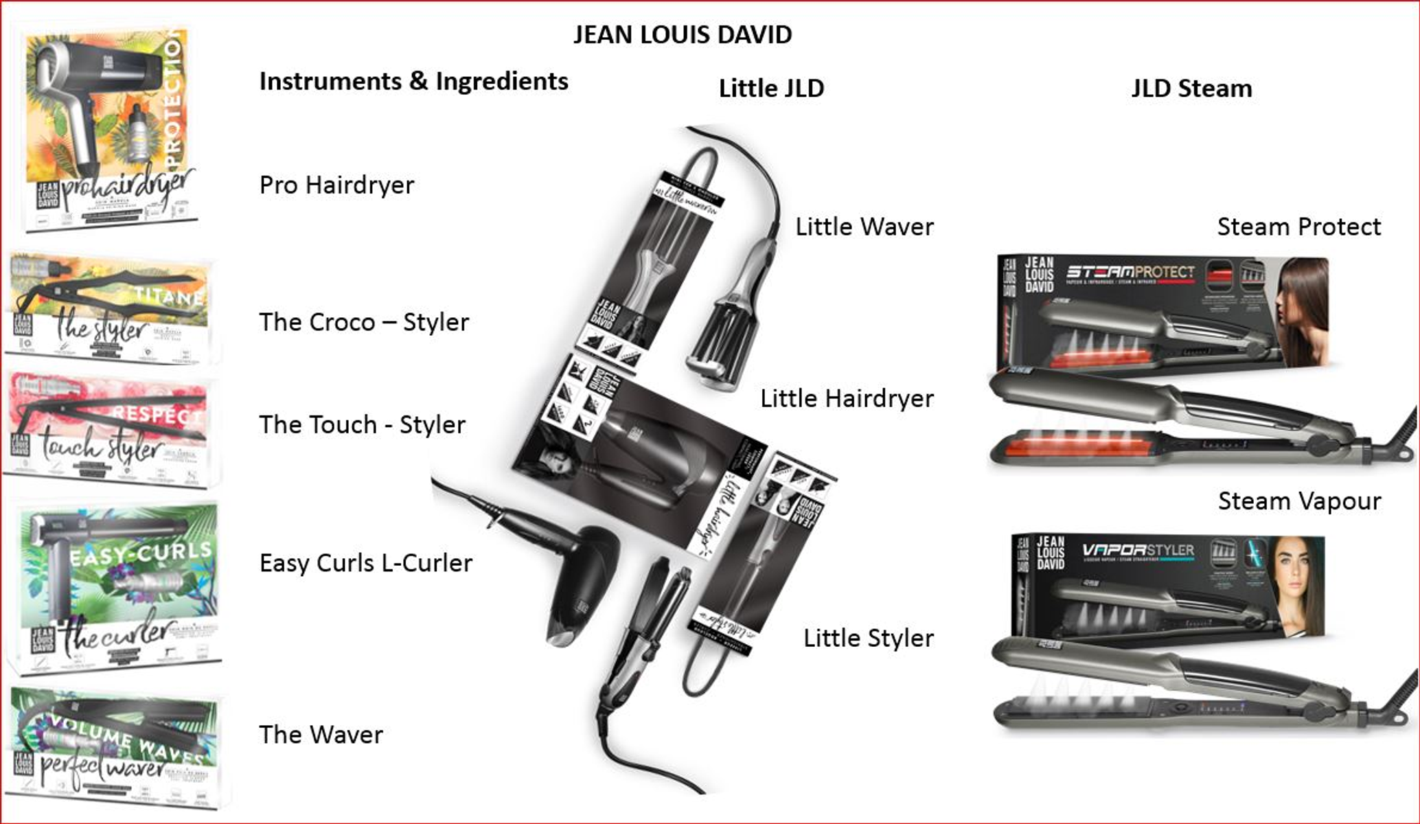 Una varietà di prodotti per lo styling dei capelli Jean Louis David con confezione in uno studio.