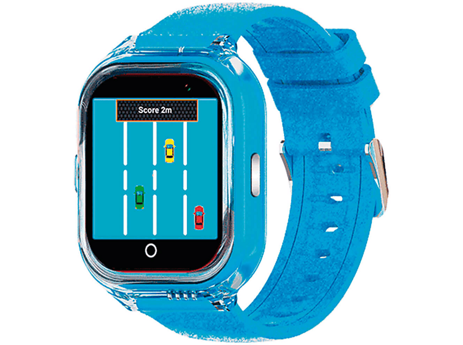 Eine blaue Smartwatch mit einem Rennspiel auf dem Bildschirm. Die Uhr hat ein blaues Armband und ist isoliert.