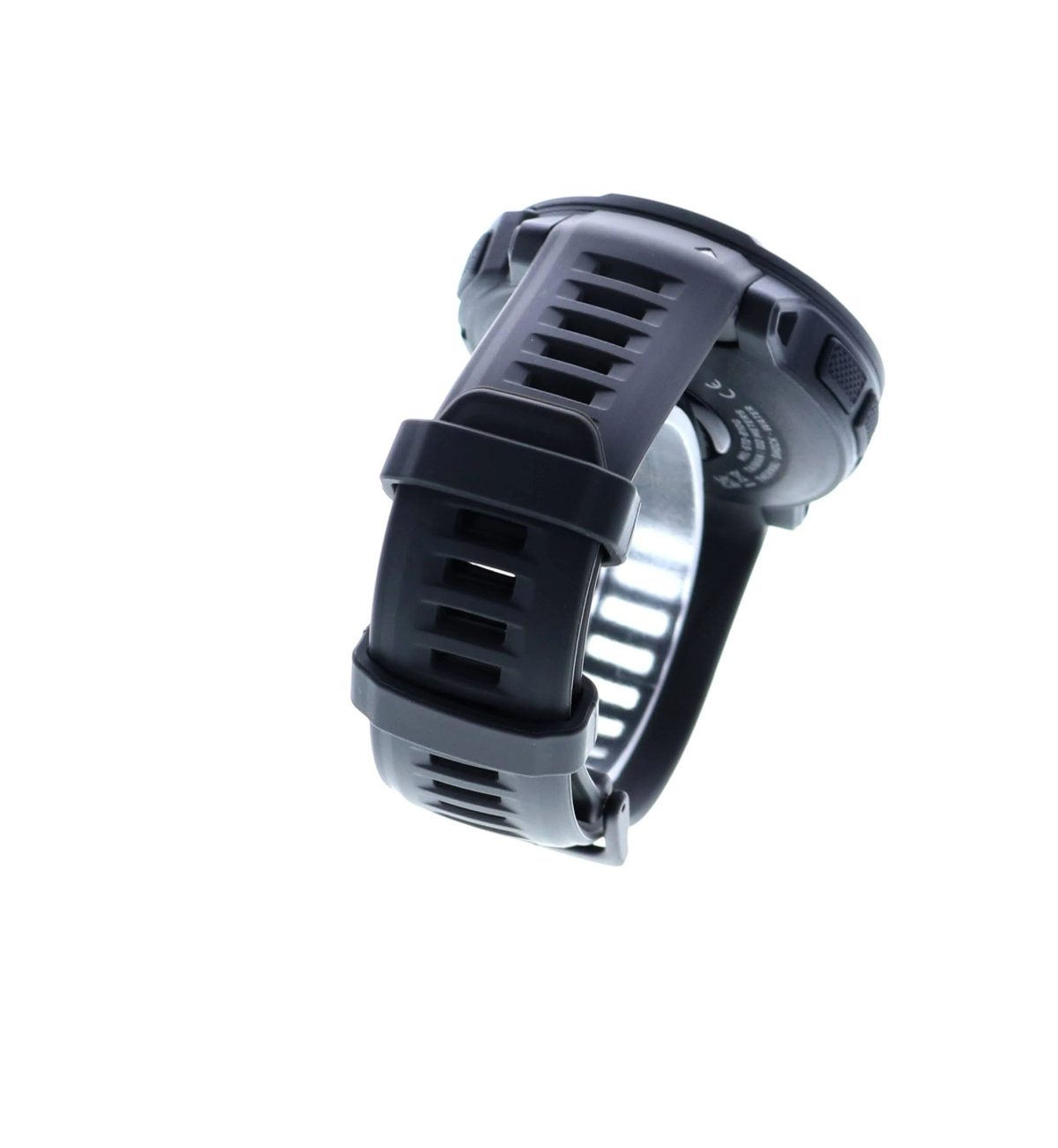 Czarny smartwatch z czarnym paskiem pokazany z boku.