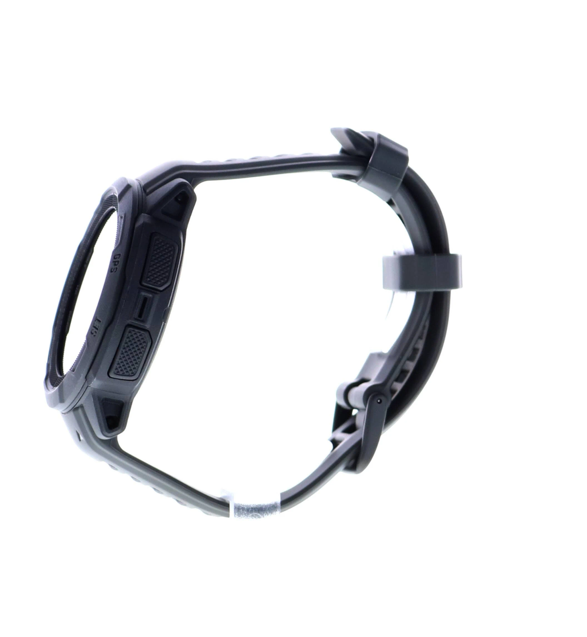 Czarny smartwatch. Widok z boku, pokazujący przyciski i pasek. Białe tło.