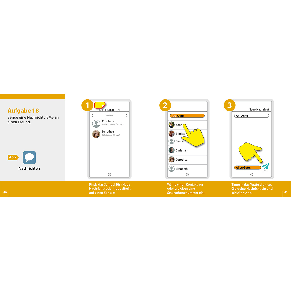 Screenshots einer Messaging-App. Schritte 1, 2 und 3 werden gezeigt. Anweisungen auf Deutsch.
