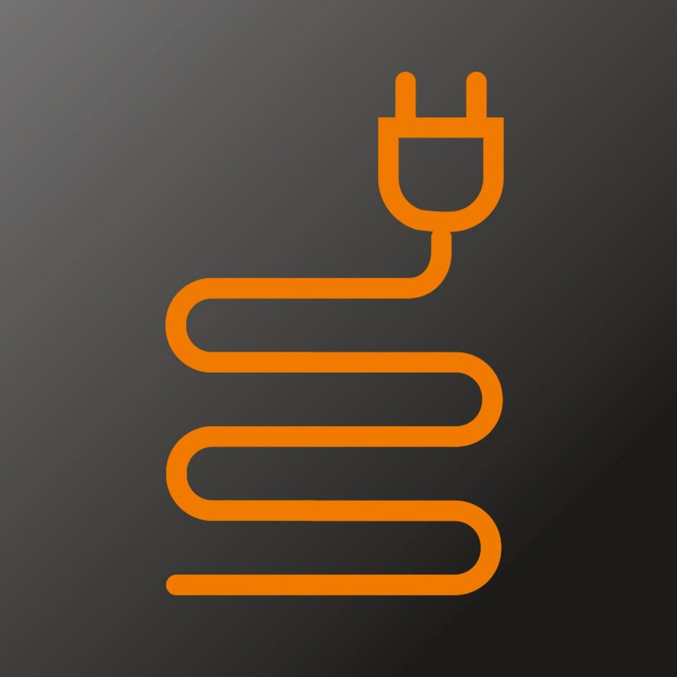 Pomarańczowa ikona wtyczki i kabla na szarym tle.