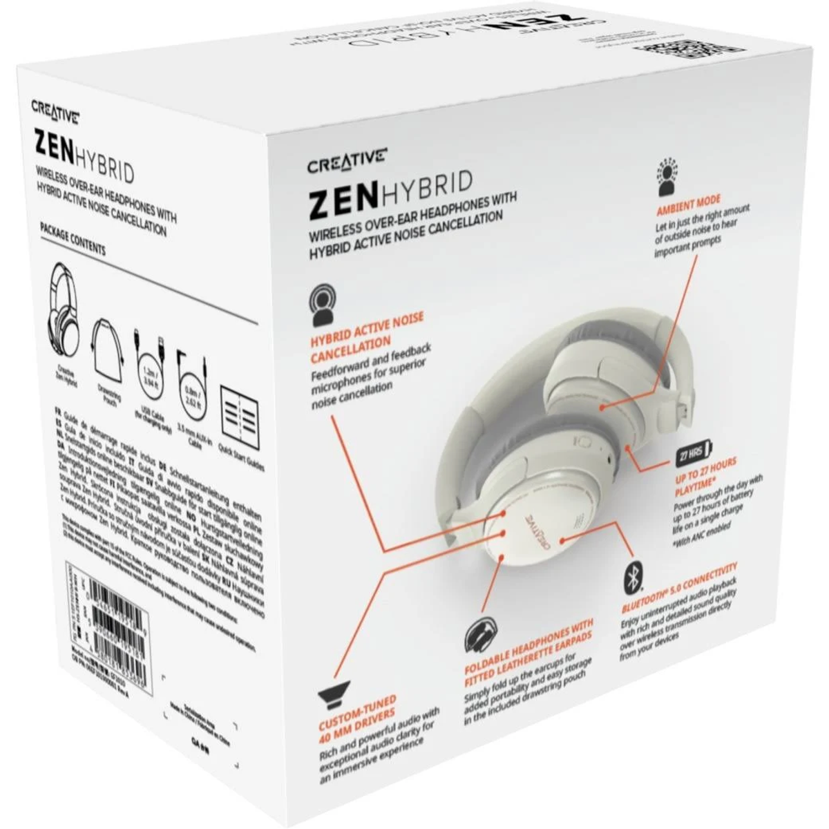 Weiße und schwarze Box, Creative Zen Hybrid Kopfhörer, mit Details und Hauptmerkmalen.