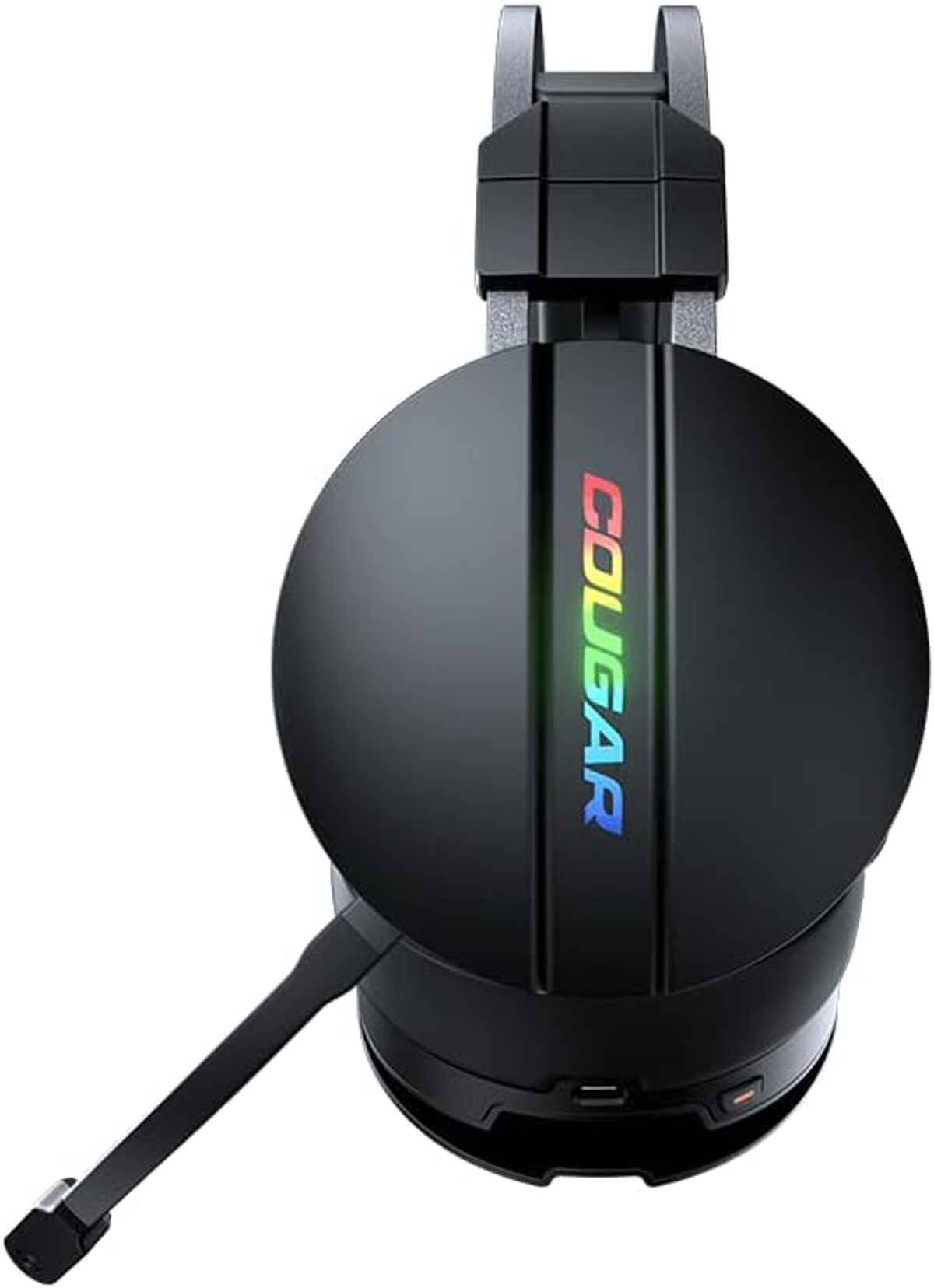 Cuffie nere con microfono. Il nome del marchio è visibile con un colore arcobaleno.