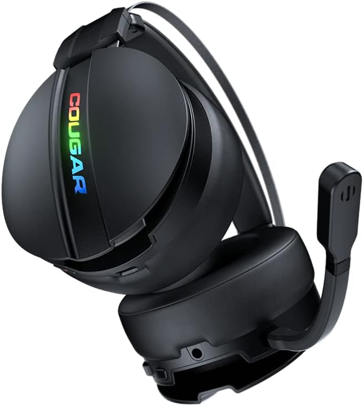 Cuffie Cougar nere con microfono e luci LED colorate.