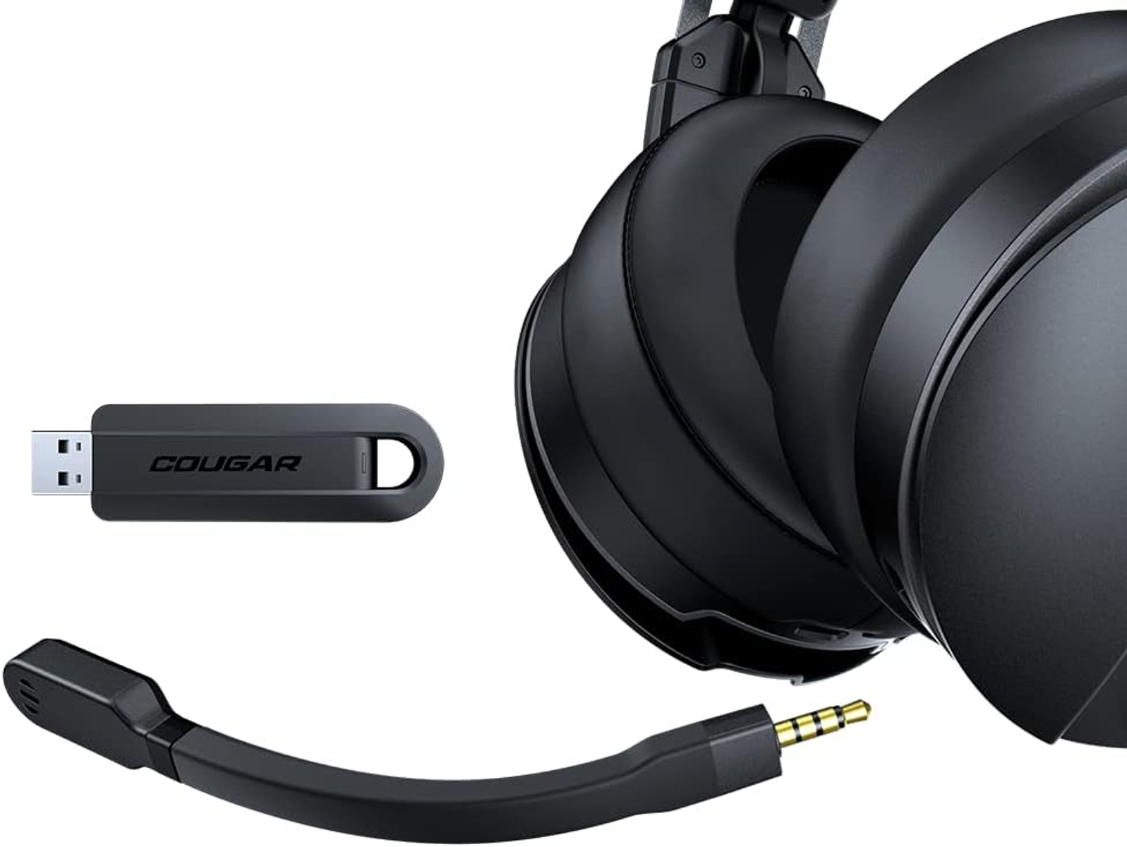 Cuffie da gioco nere, un dongle USB e un microfono staccabile. Sfondo bianco.