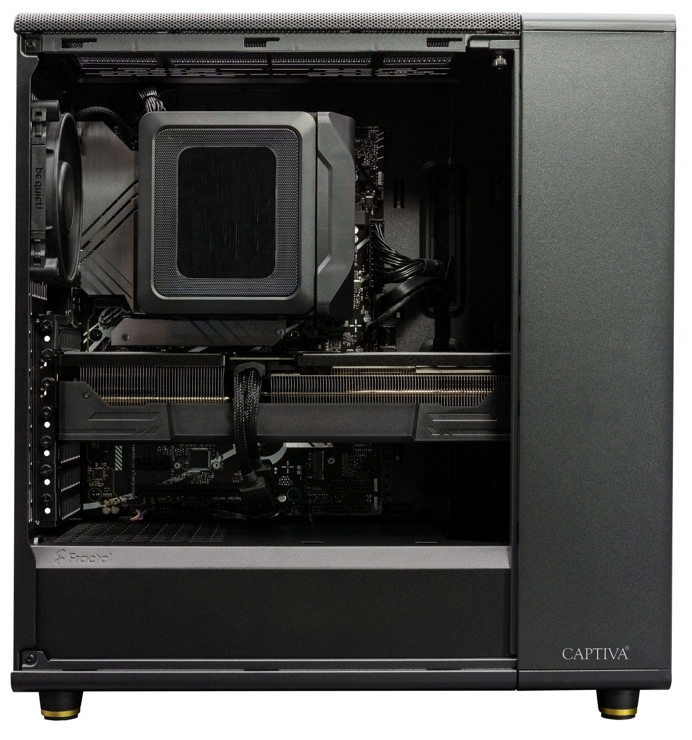 Vue interne d'un boîtier d'ordinateur, montrant des composants comme le refroidisseur CPU.