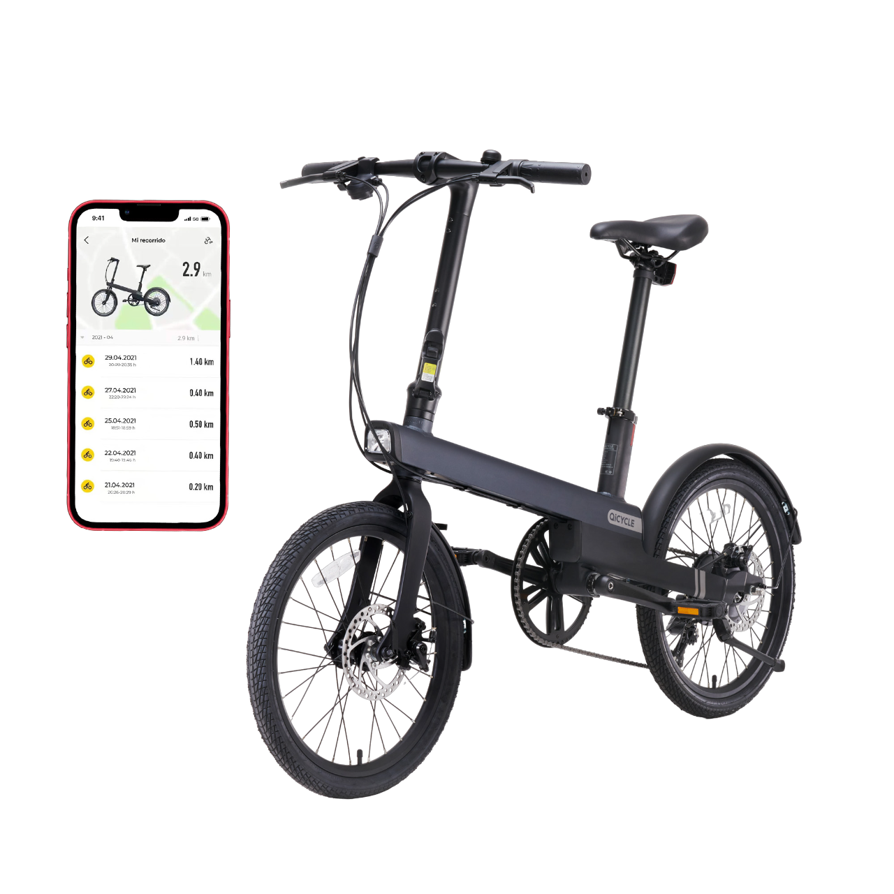 Bicicleta plegable negra con teléfono mostrando datos de viaje. Ruedas y cuadro negros.