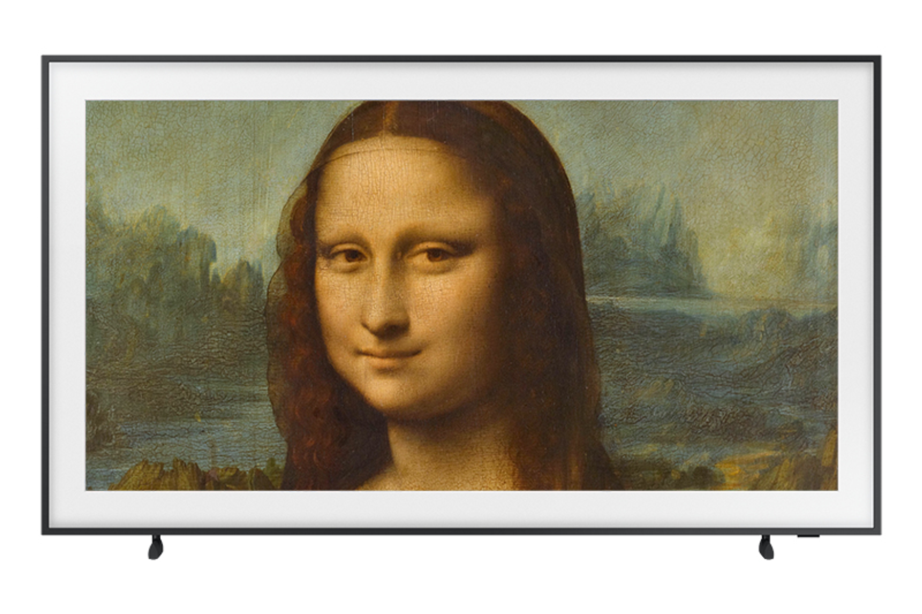 Ein Samsung Frame TV, der das Gemälde Mona Lisa mit einem schwarzen Rahmen zeigt.