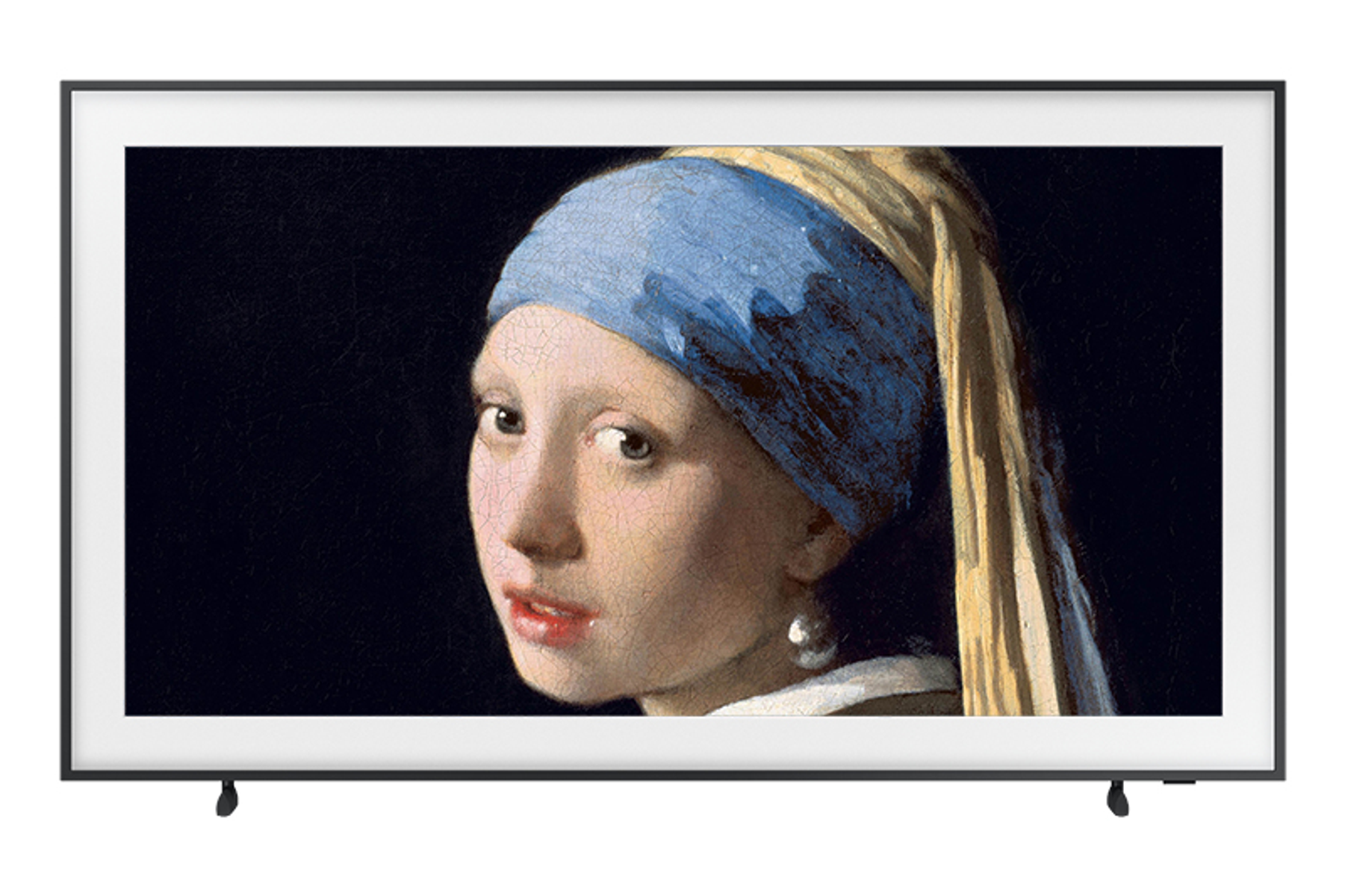 Kunst auf einem schwarzen TV, Porträt einer Frau mit blauem Kopftuch.