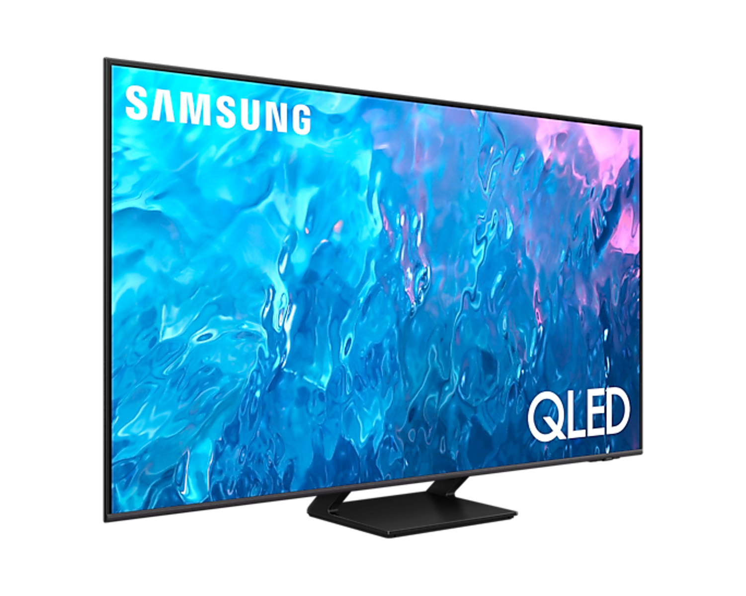 Telewizor Samsung QLED, duży ekran, z żywym niebieskim abstrakcyjnym tłem na stojaku.