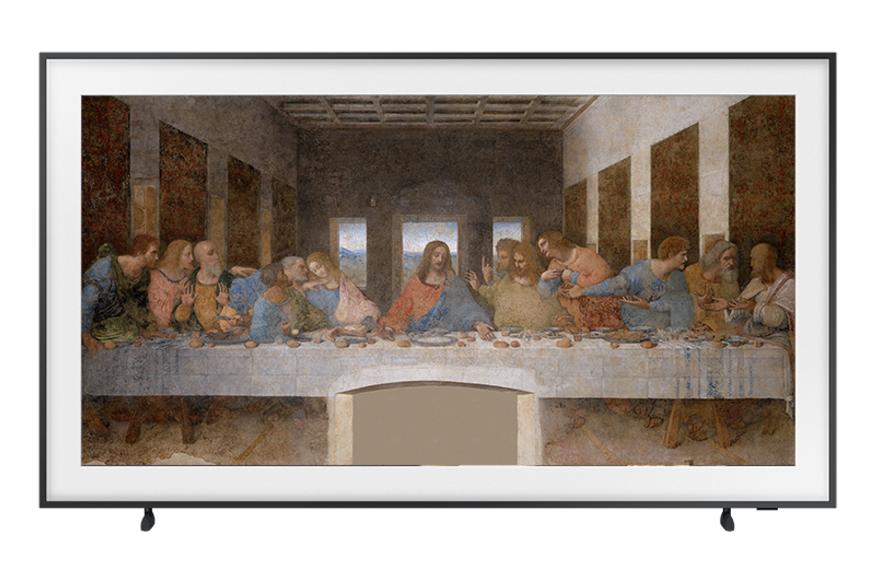 Großer schwarzer Rahmen-TV, der das Gemälde 'Das Abendmahl' zeigt.