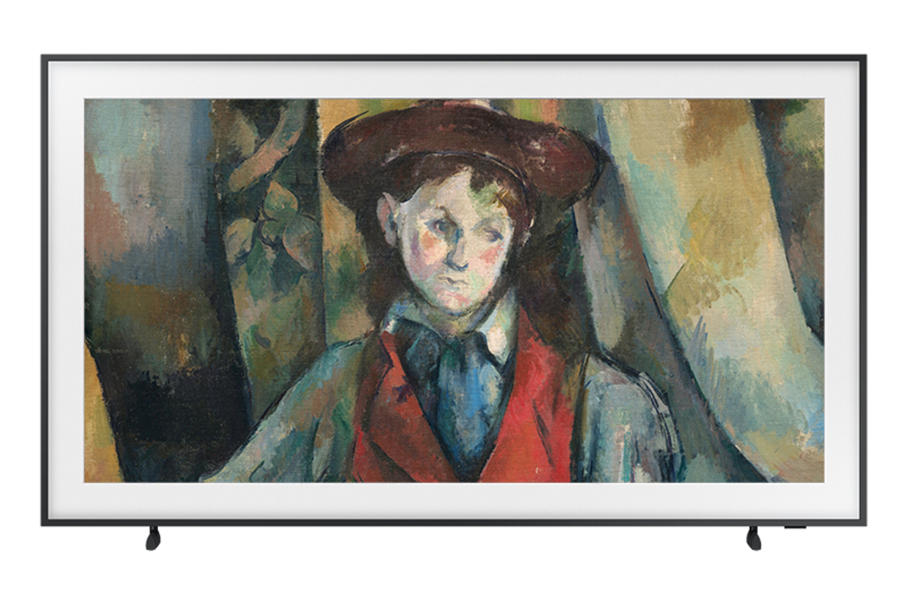 Ein schwarz gerahmter Fernseher, der ein Gemälde zeigt, an der Wand montiert, mit weißem Rand.