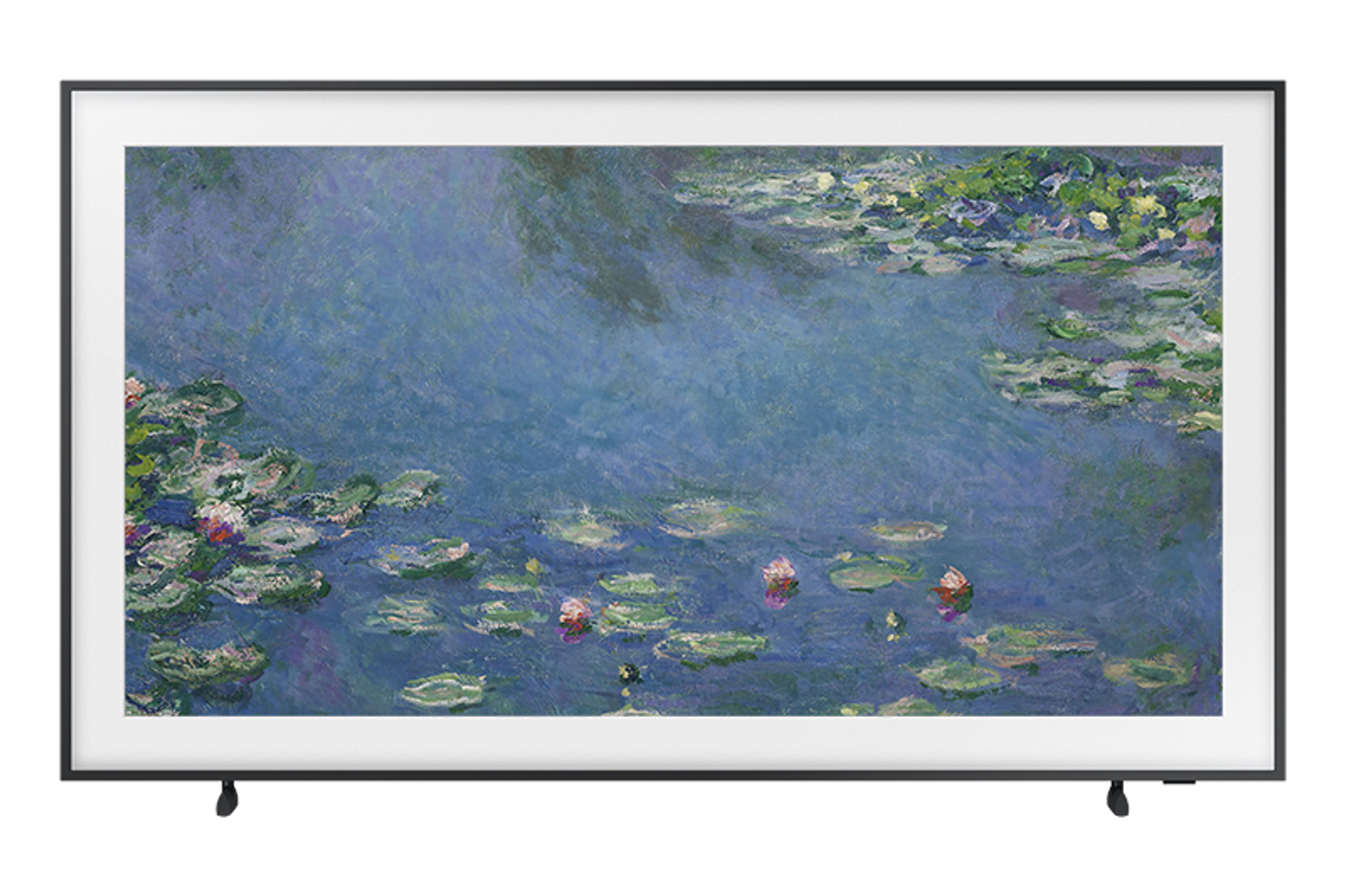 Ein schwarz gerahmter Fernseher, der ein Seerosen-Gemälde von Monet zeigt, auf weißem Hintergrund.