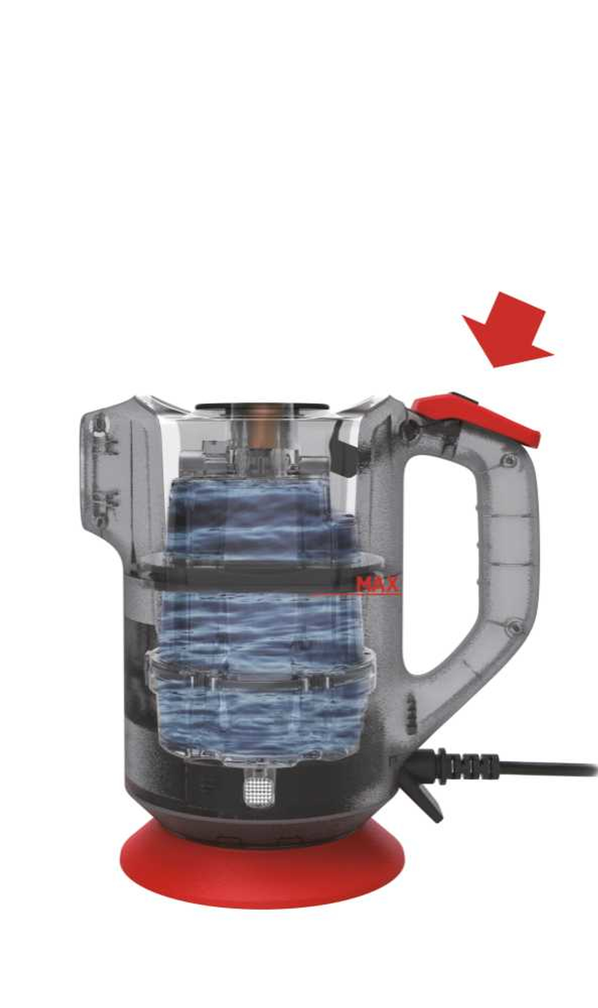 Przezroczysty czajnik z wodą. Czerwona podstawa z czerwonym przyciskiem. Czerwona strzałka w dół.