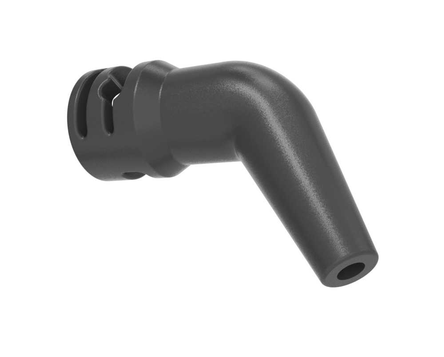 Ciemnoszary, kątowy element z tworzywa sztucznego z zakrzywionym korpusem i okrągłym połączeniem.