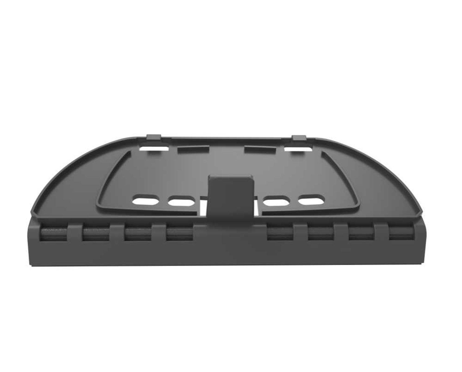 Ciemnoszary, plastikowy dodatek do półki z zakrzywionym przodem i wieloma prostokątnymi otworami.