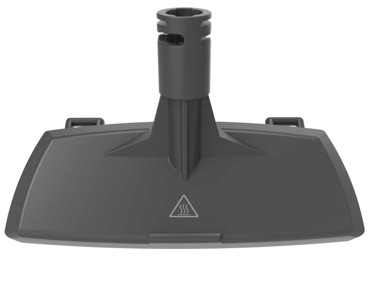 Szara głowica odkurzacza. Ma symbol trójkąta i żebra. Na białym tle.