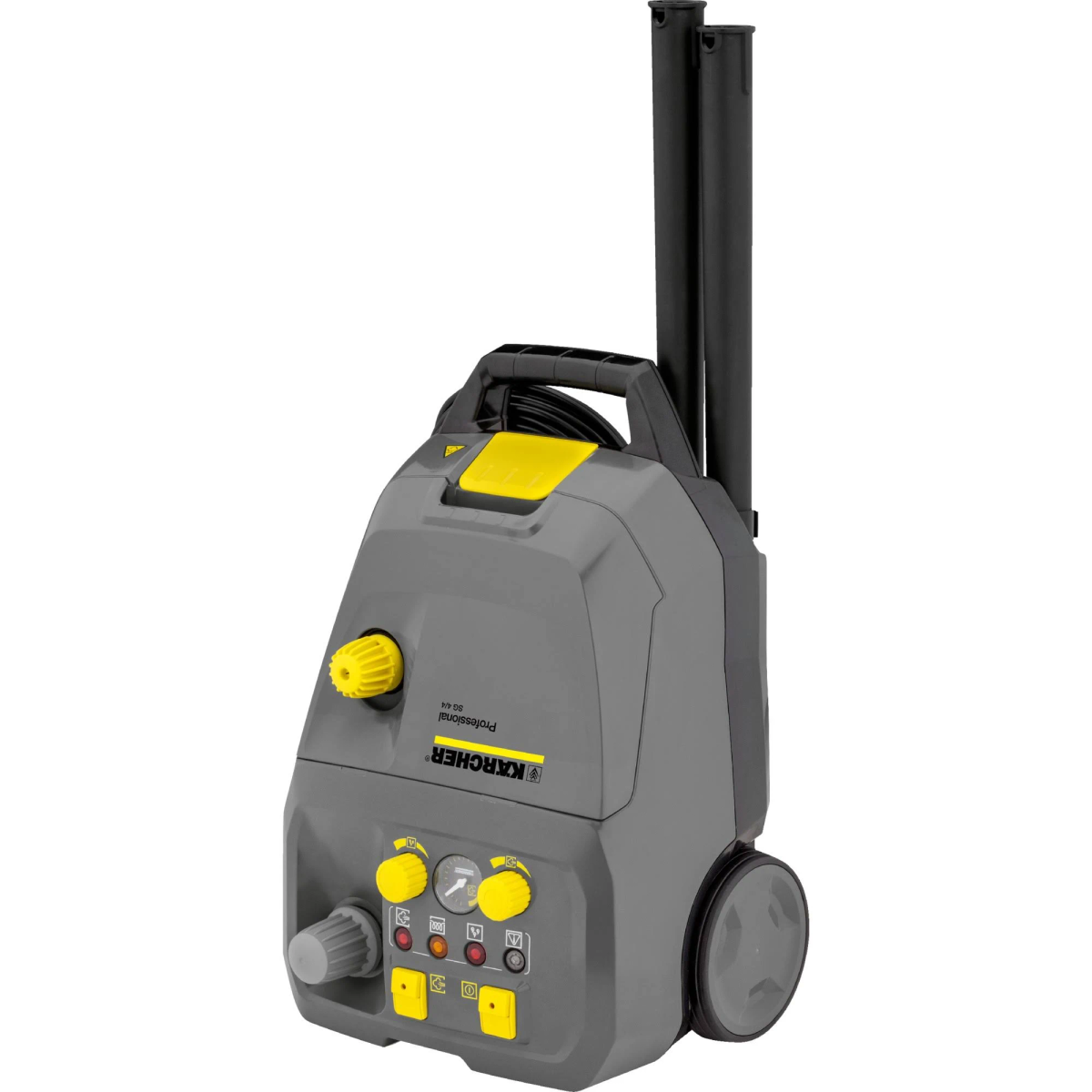 Szaro-żółta myjka ciśnieniowa z uchwytem, wężem i kołami.