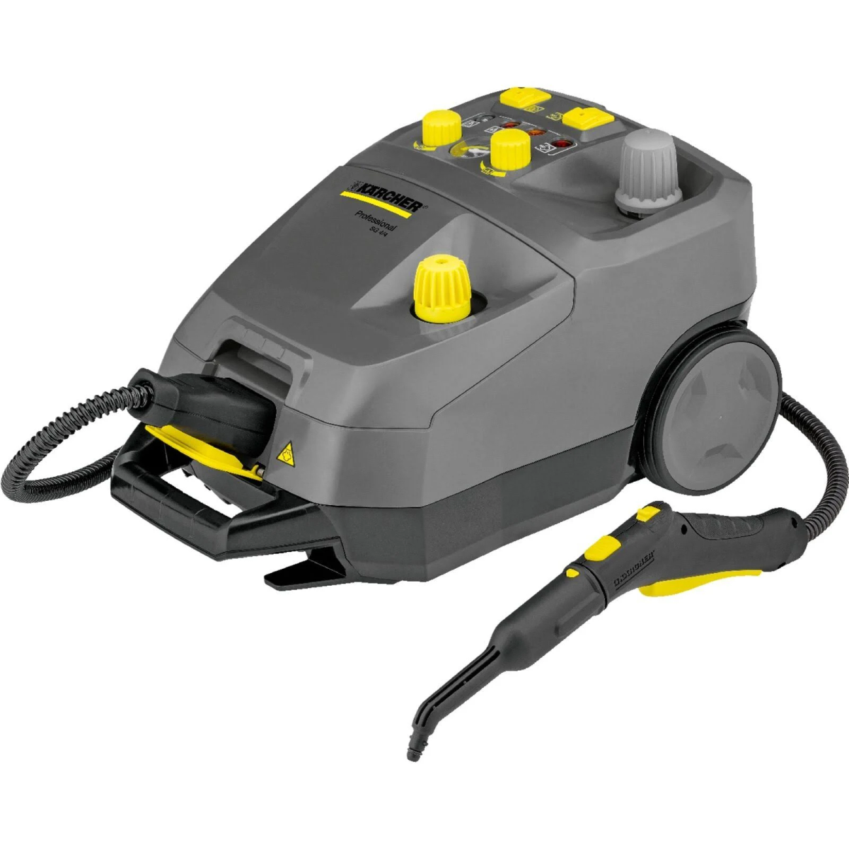 Szary profesjonalny odkurzacz parowy Karcher z żółtymi akcentami, wężem i dyszą.