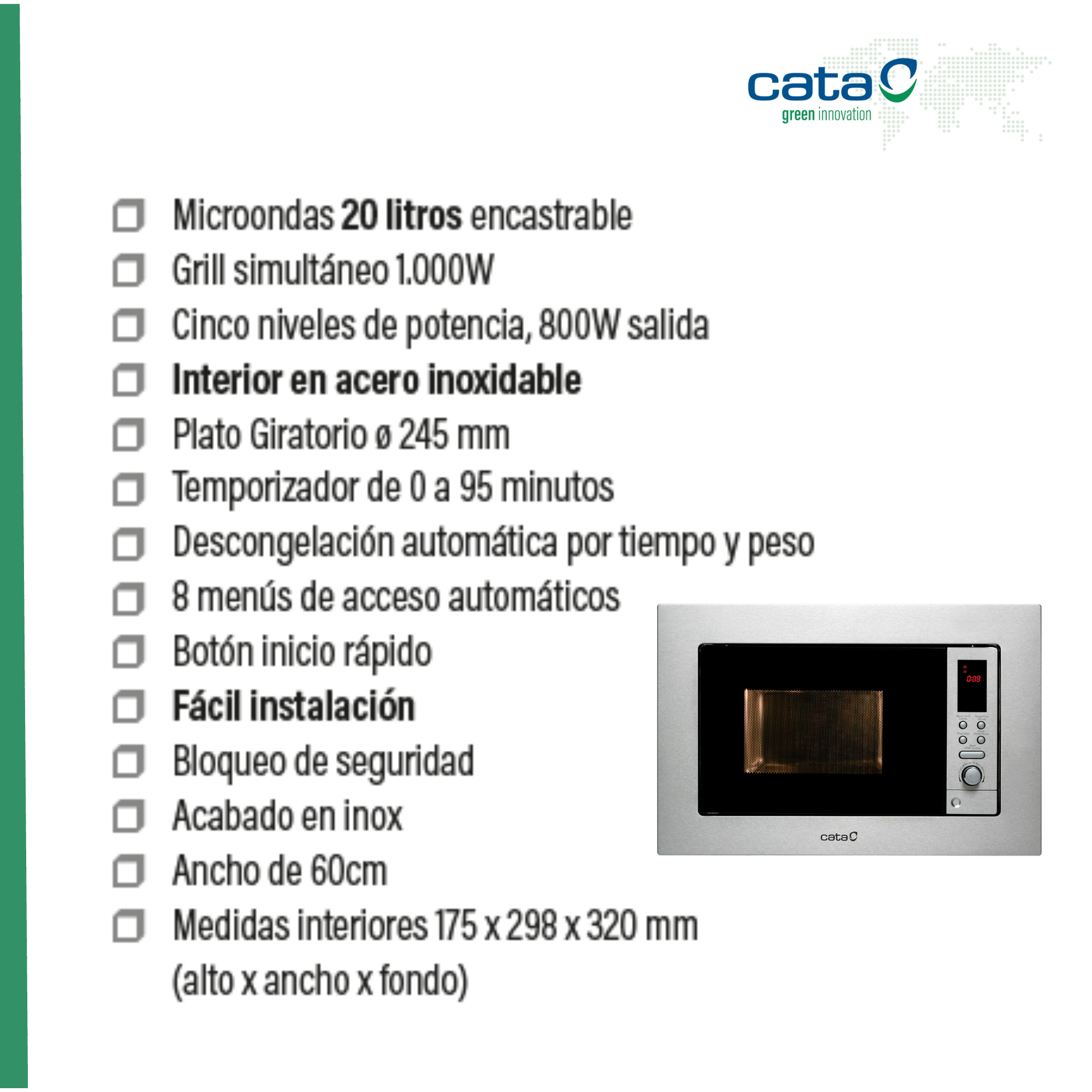 Un forno a microonde argentato, con un elenco di funzioni a sinistra e il logo cata a destra.