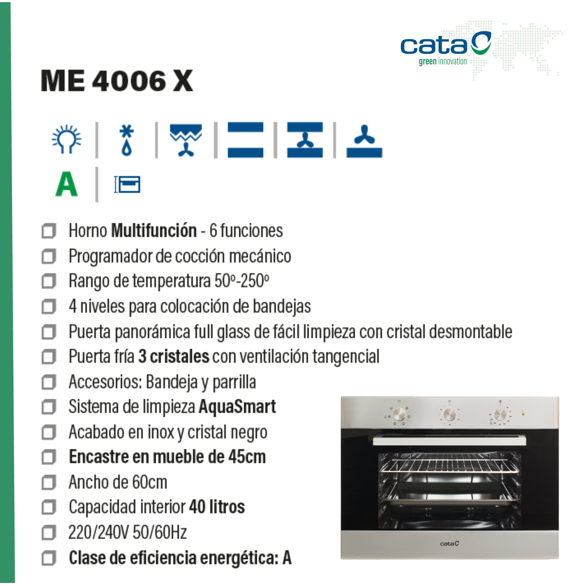 Una scheda prodotto con testo in spagnolo, che dettaglia le specifiche di un forno Cata ME 4006 X.