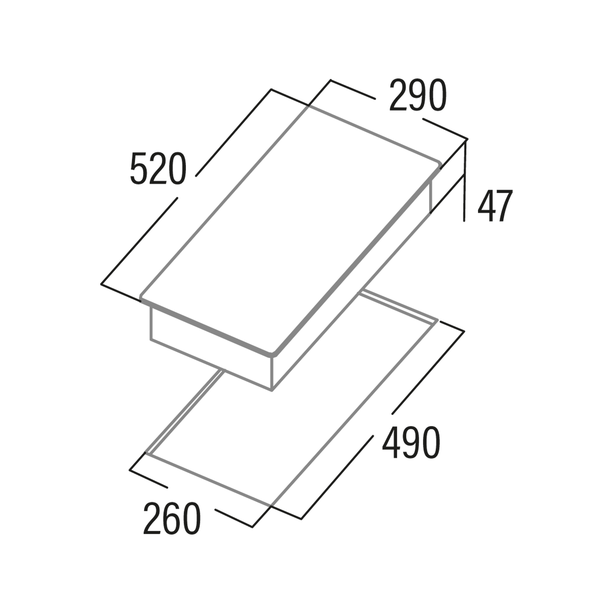 Diagrama de un electrodoméstico con dimensiones: 520x290x47 y 490x260.