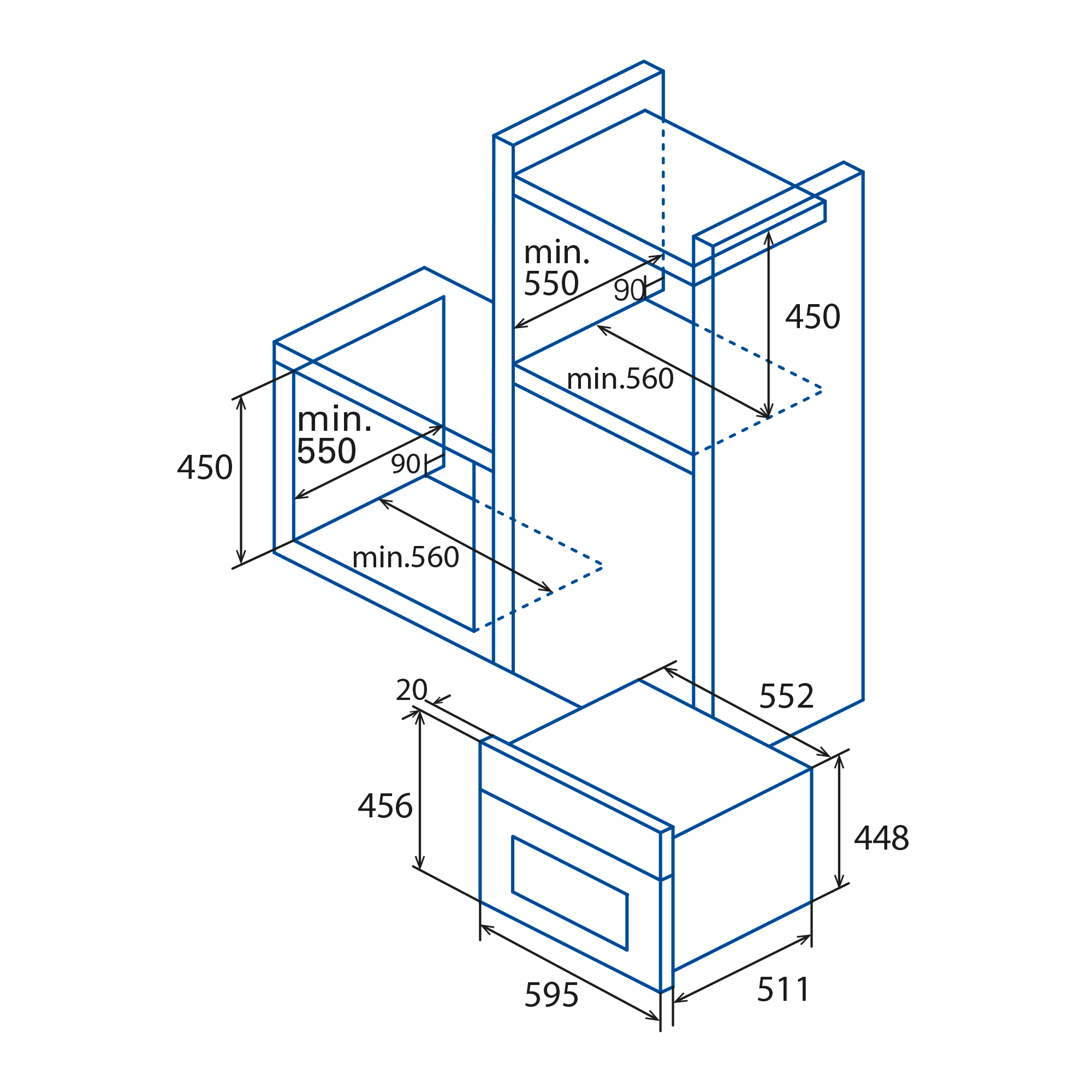 Dibujo técnico de dimensiones de electrodomésticos de cocina, mostrando altura y ancho.