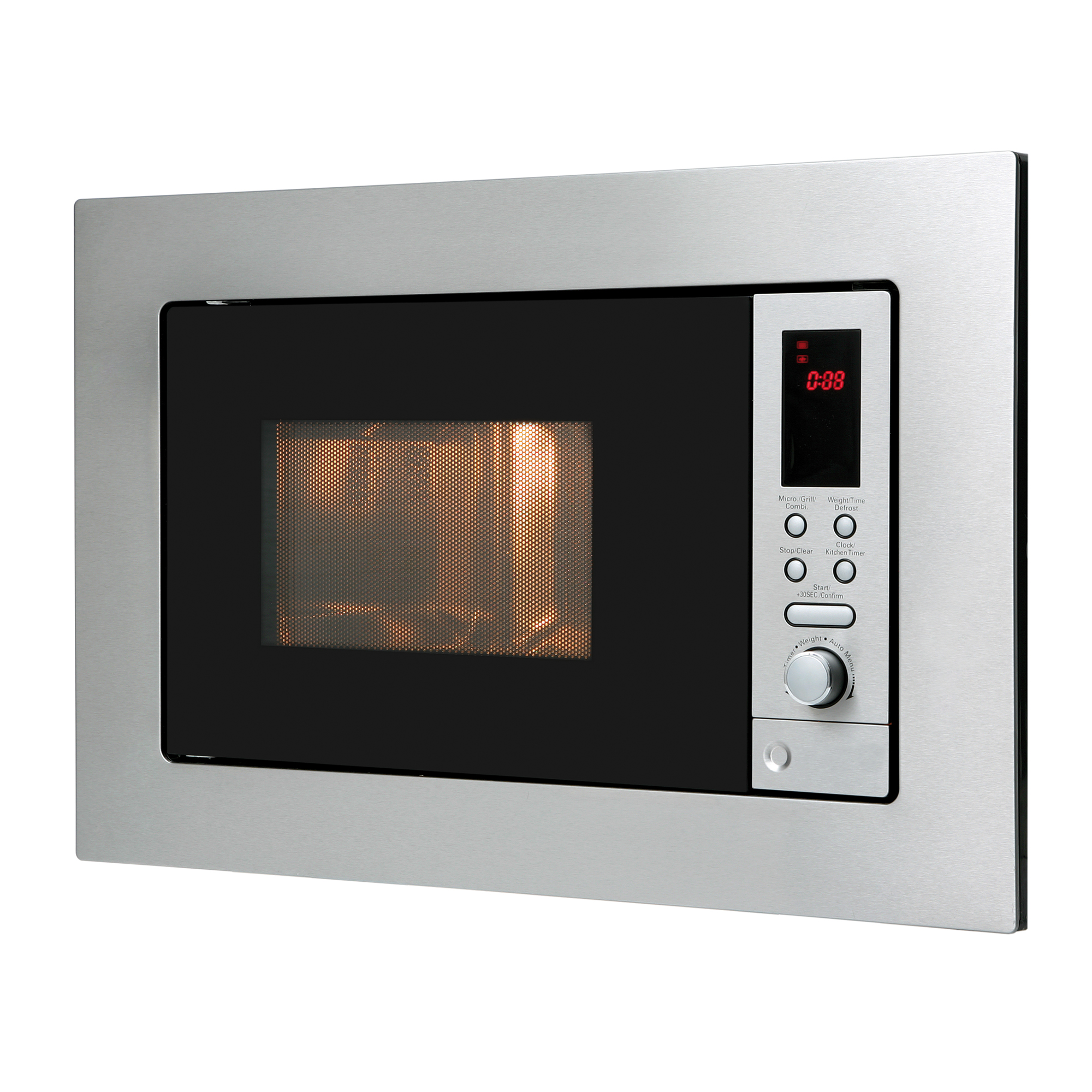 Forno a microonde da incasso. Cornice argentata, porta nera, display digitale che mostra l'ora.