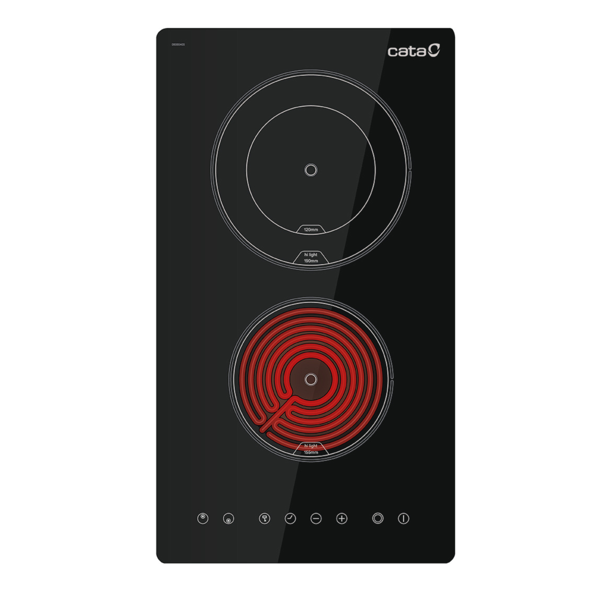 Placa de inducción negra con dos zonas de cocción, una roja y otra negra.