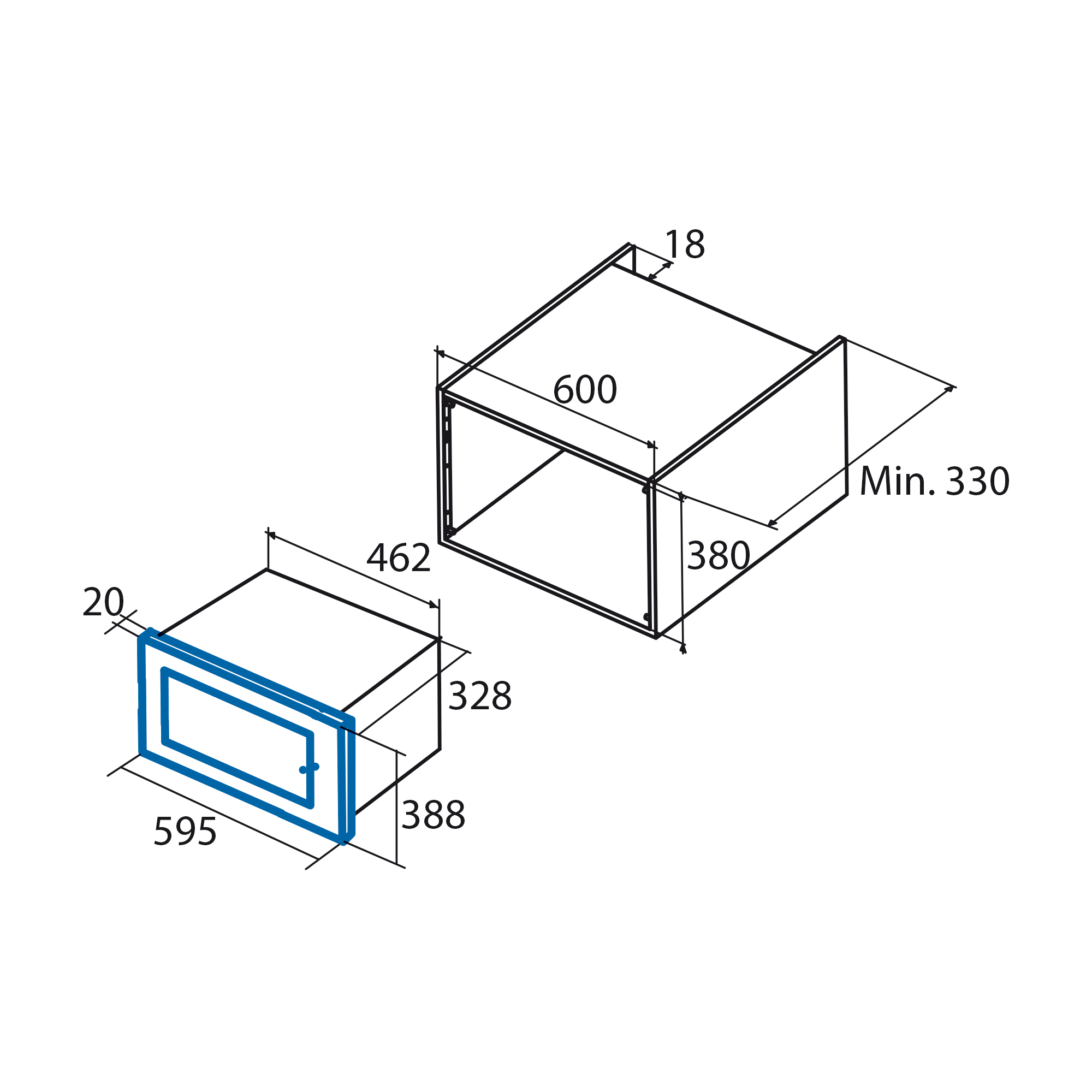 Diagramma delle dimensioni di un forno a microonde da incasso, con misure in mm.