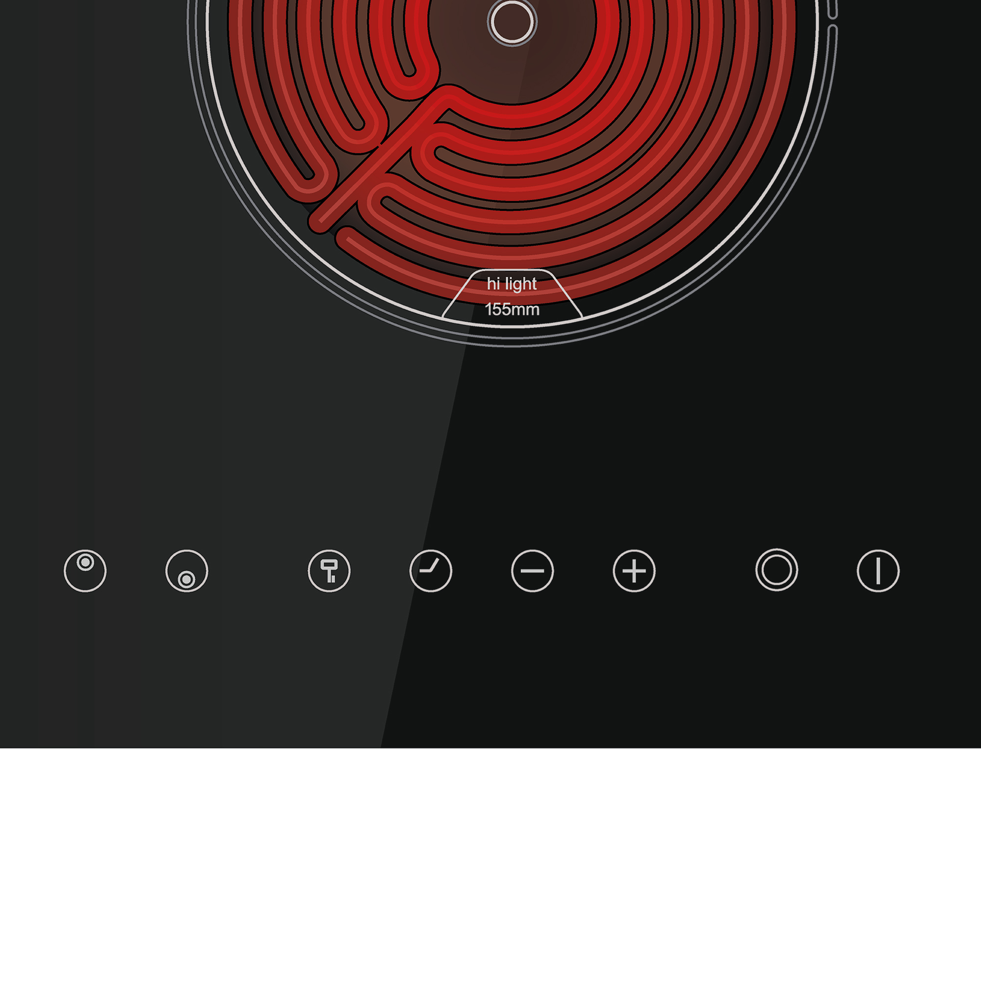 Piano cottura nero con elemento riscaldante rosso. I comandi touch sono sotto. La parte superiore è in vetro.