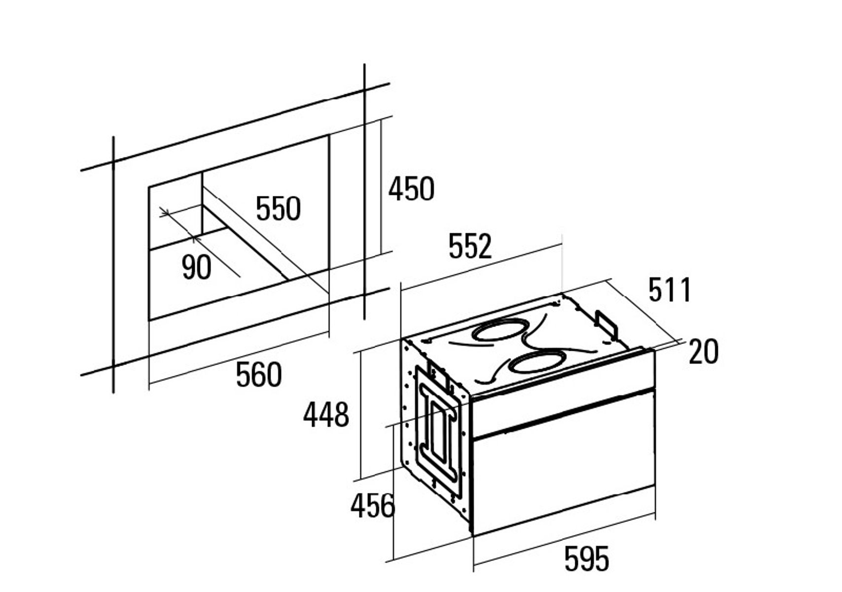 Un disegno tecnico con le dimensioni di un oggetto rettangolare a forma di scatola e la sua rientranza.