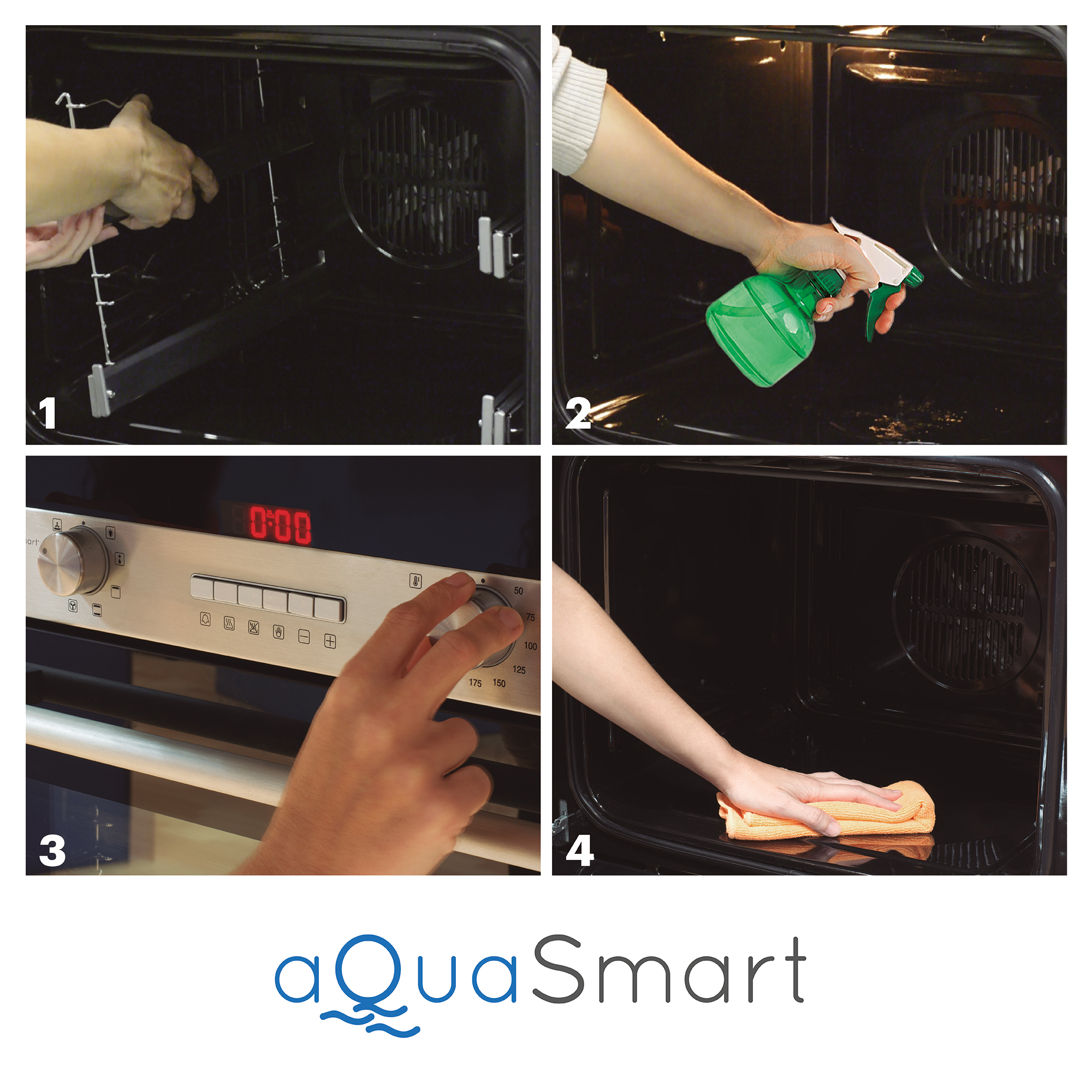 Cuatro imágenes que muestran cómo limpiar un horno: quitar rejillas, rociar, configurar y limpiar.