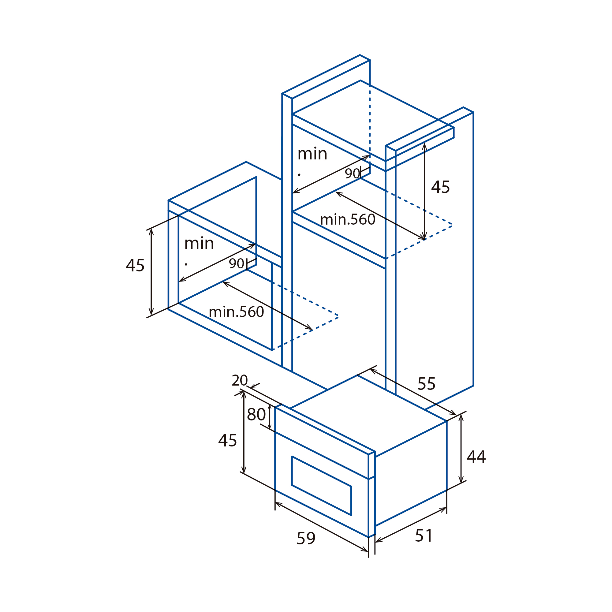 Disegno isometrico con dimensioni per un mobile da cucina con più scomparti.