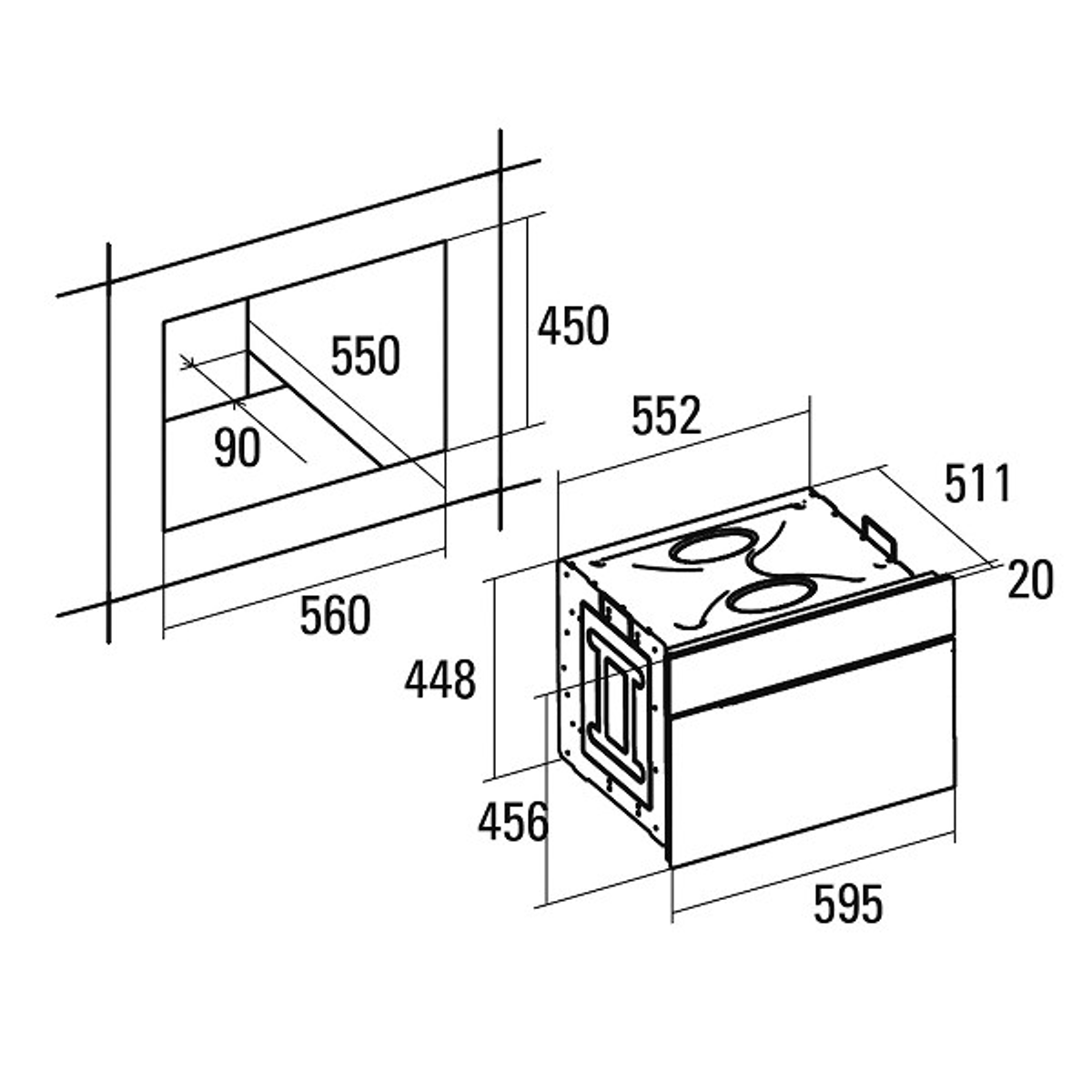 Dibujo técnico, dimensiones y medidas de un objeto rectangular con un hueco.