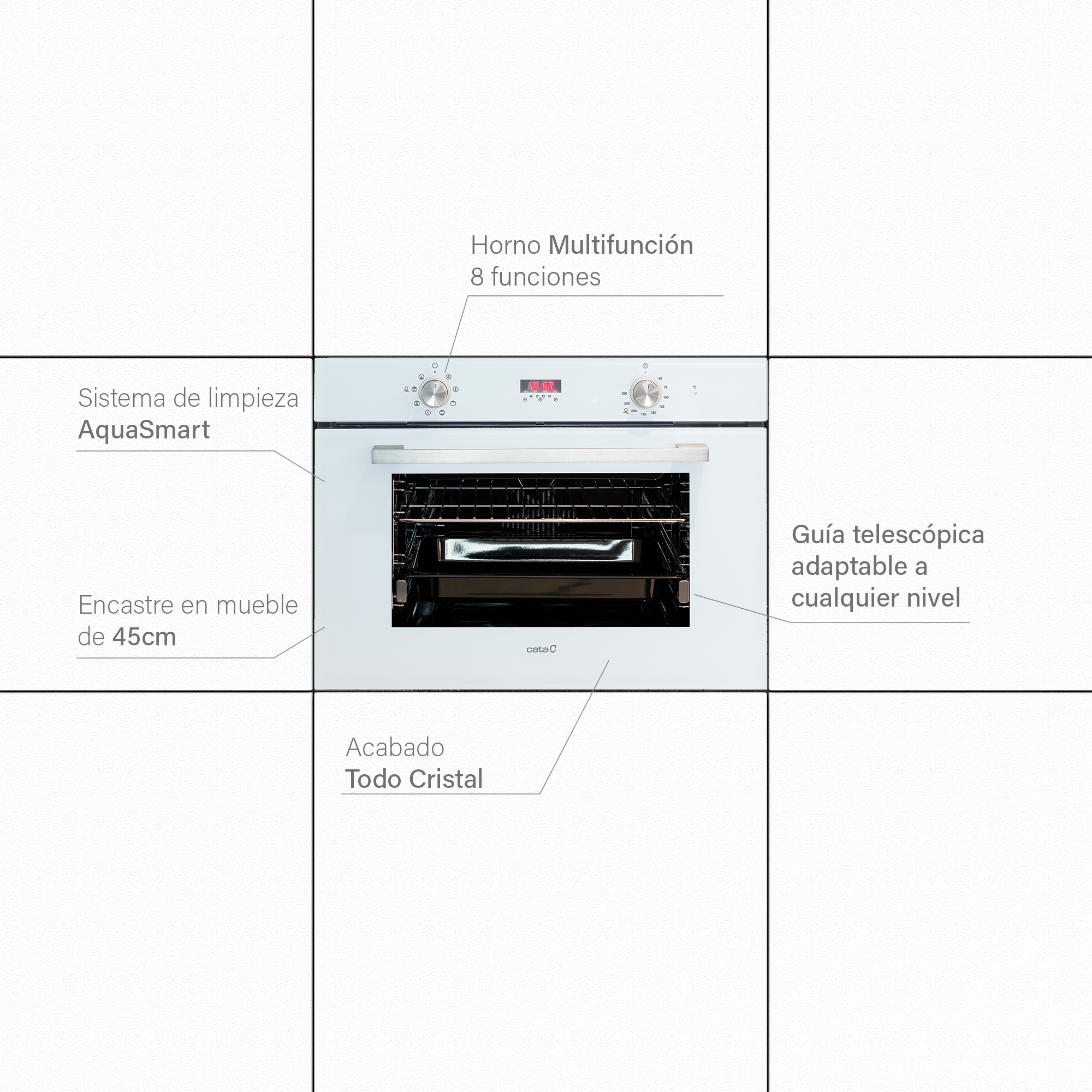 Un horno empotrado blanco con puerta de vidrio. Tiene un panel de control y varias etiquetas alrededor.