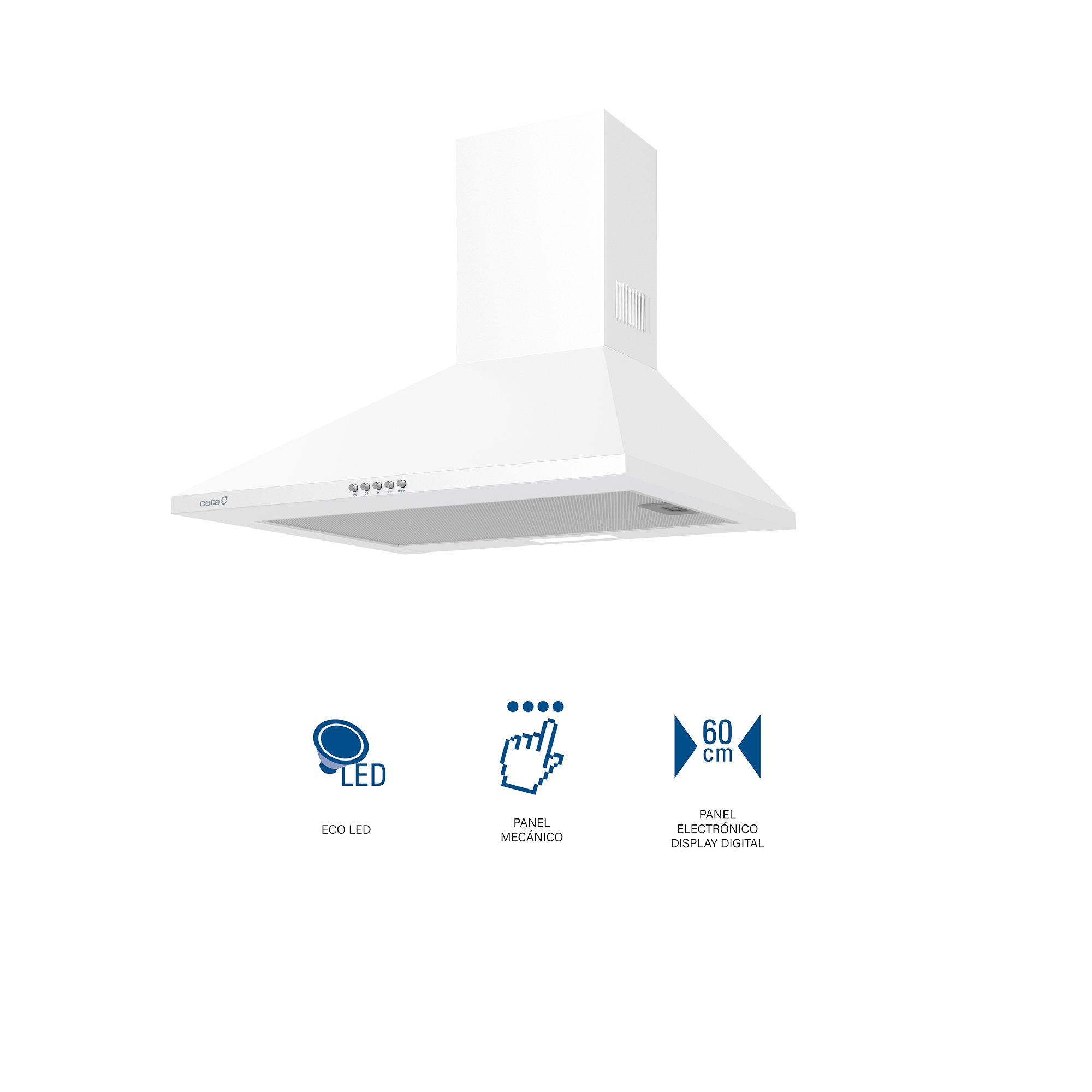 Cappa da cucina bianca con pulsanti e indicatori LED, con icone sottostanti.