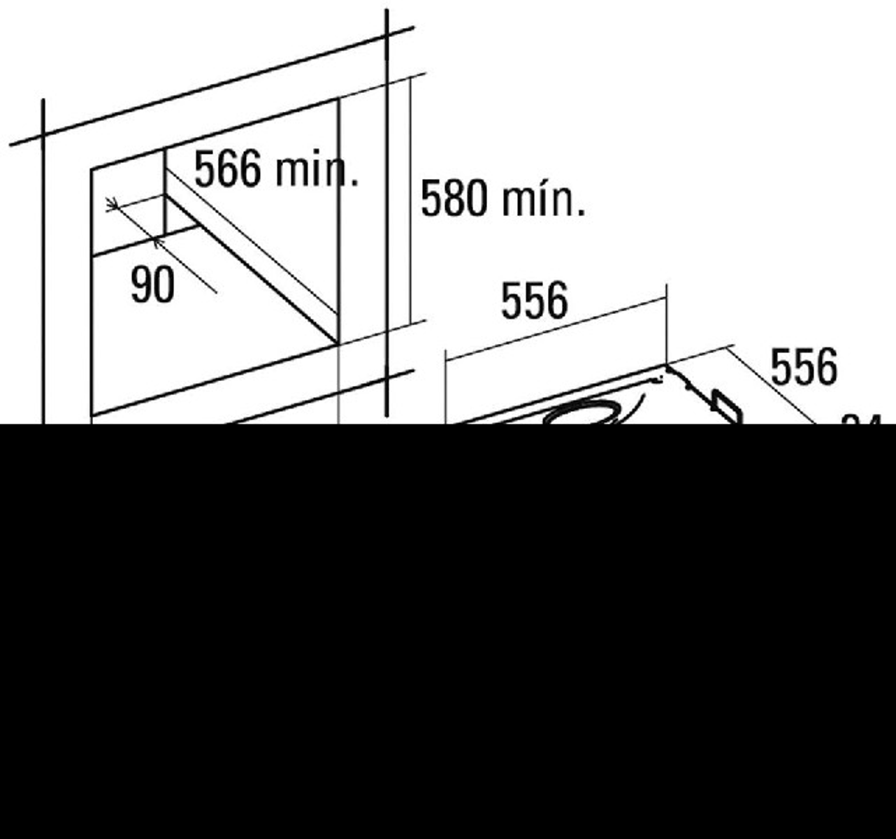 Diagram z wymiarami i liniami. Prostokątny kształt pokazujący wymiary i etykiety w kolorze czarnym.