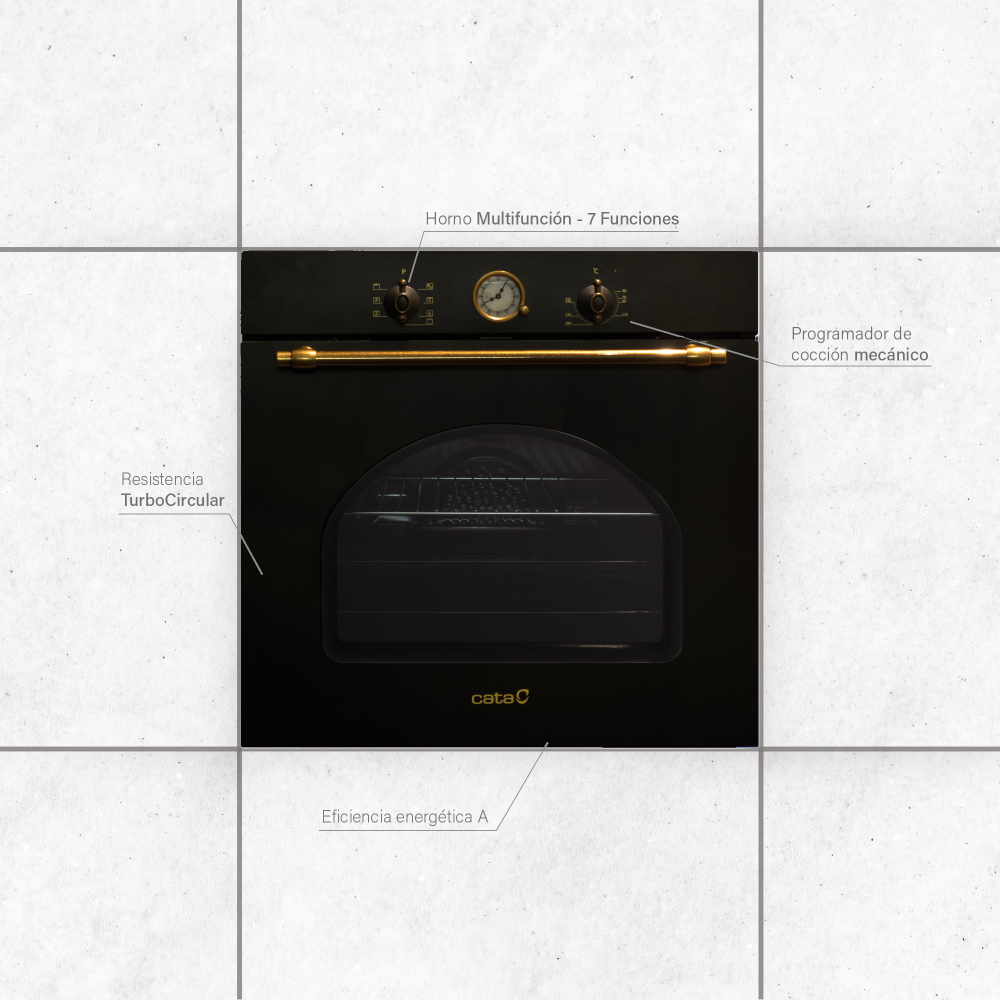 Czarny piekarnik z szklanymi drzwiami. Ma panel sterowania i etykiety tekstowe. Na białym tle.