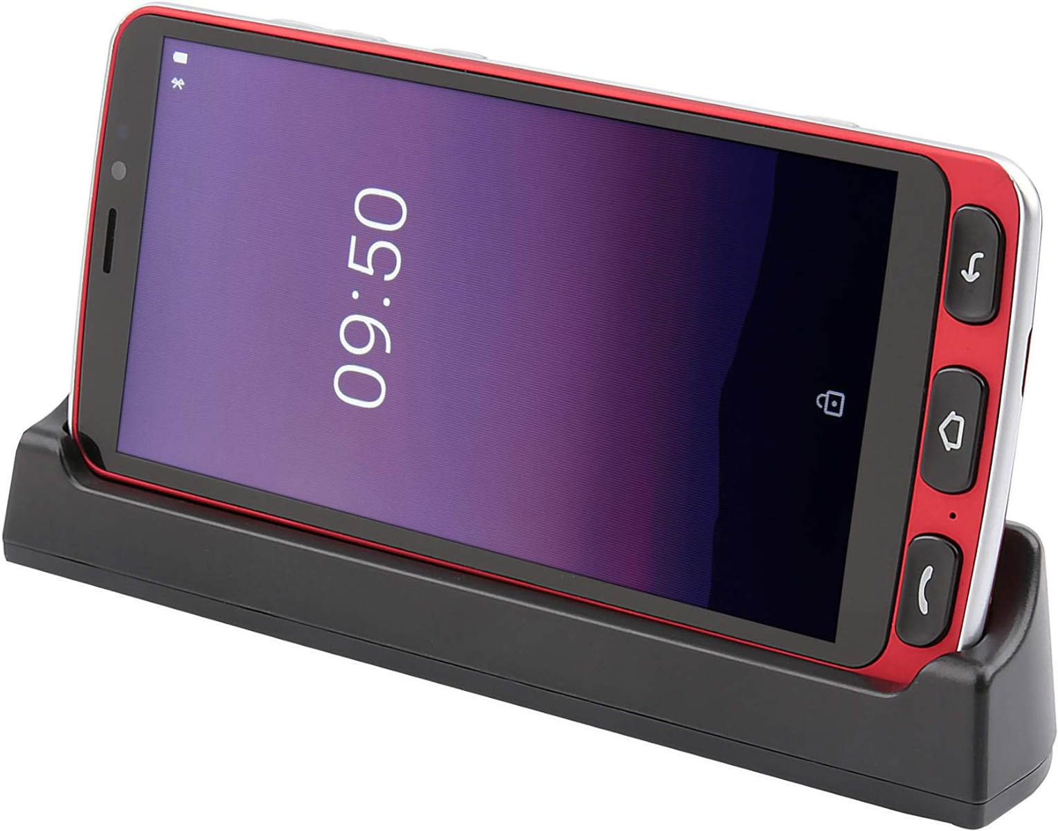 Smartphone rosso in un supporto nero. Lo schermo mostra l'ora: 09:50.