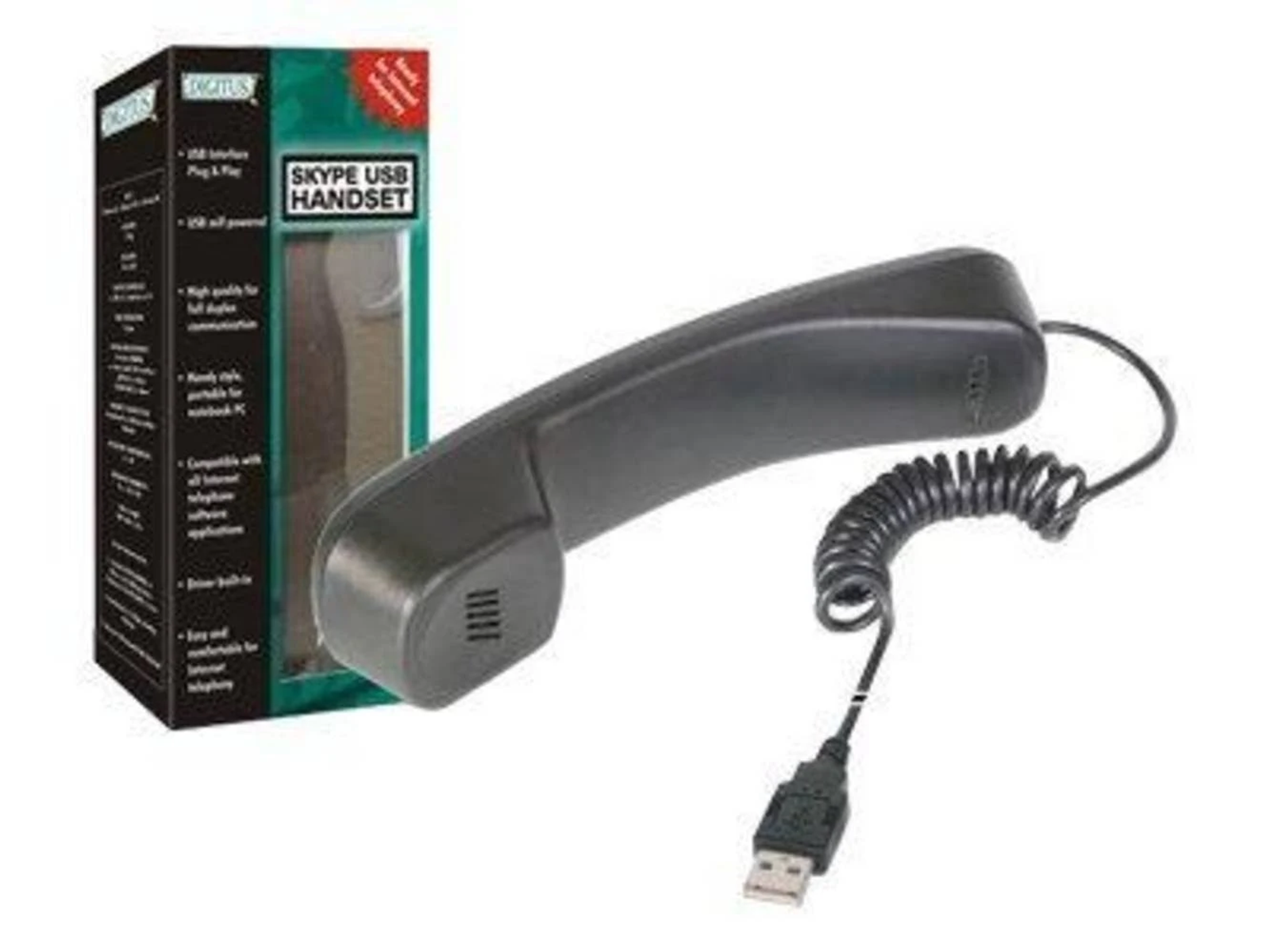 Ein schwarzes Skype USB-Handset mit Lockenkabel und USB-Stecker neben einer Digitus-Box.