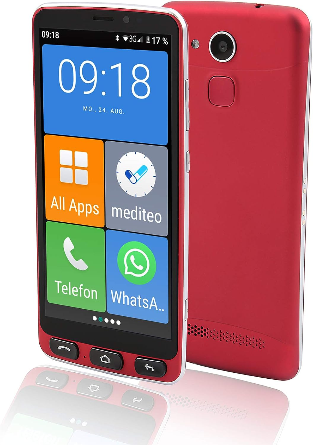 Uno smartphone rosso che mostra l'ora e le icone delle app, con uno sfondo bianco.