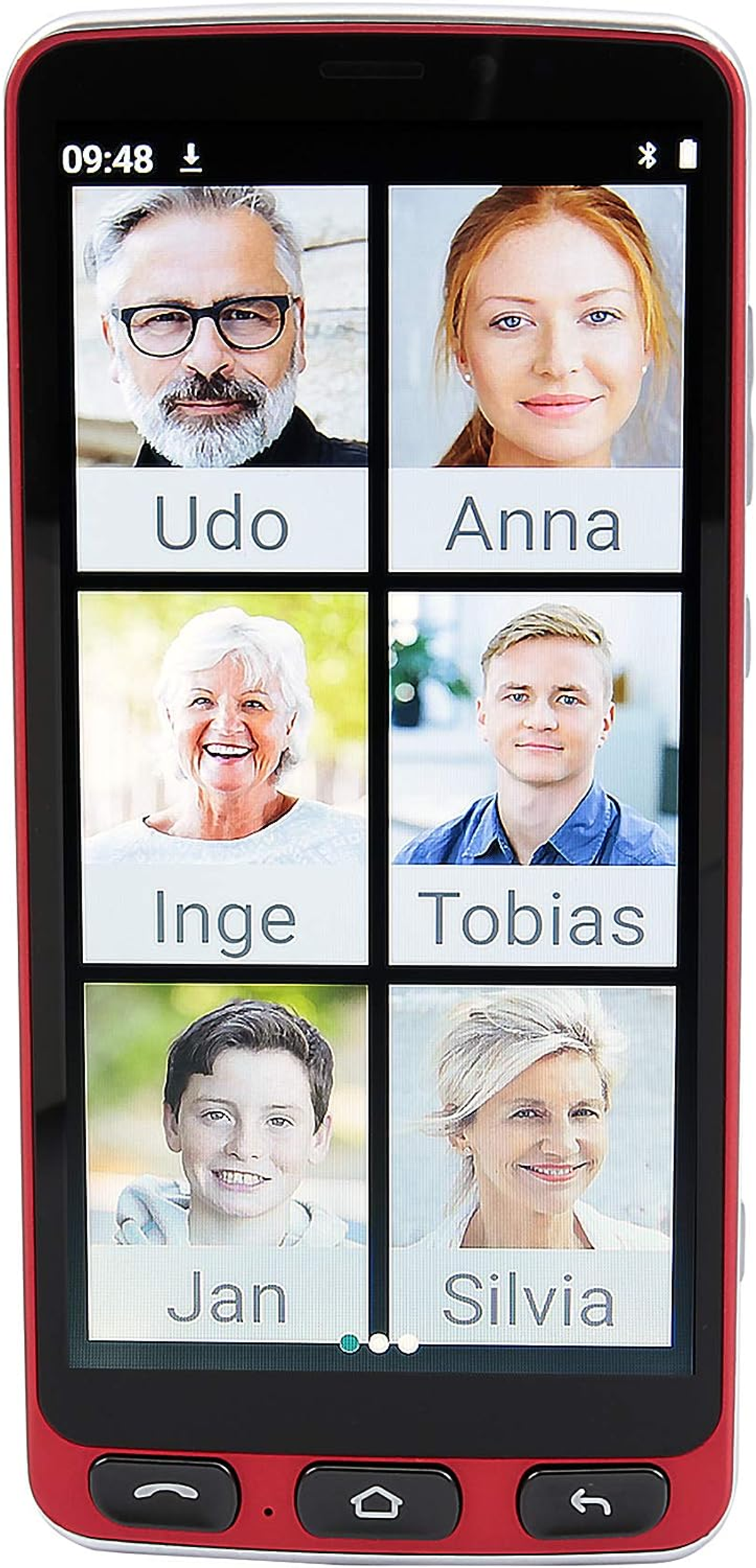 Uno smartphone rosso che mostra i volti di sei persone sullo schermo.