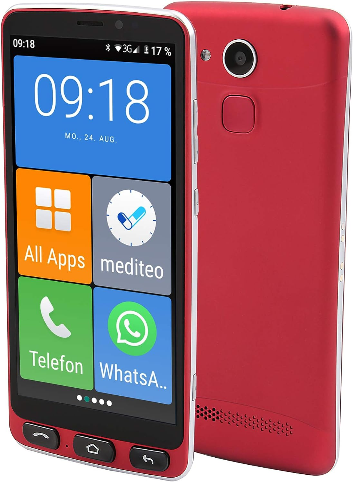 Smartphone rosso con touchscreen che mostra app, ora e data. Ha fotocamera e pulsanti.