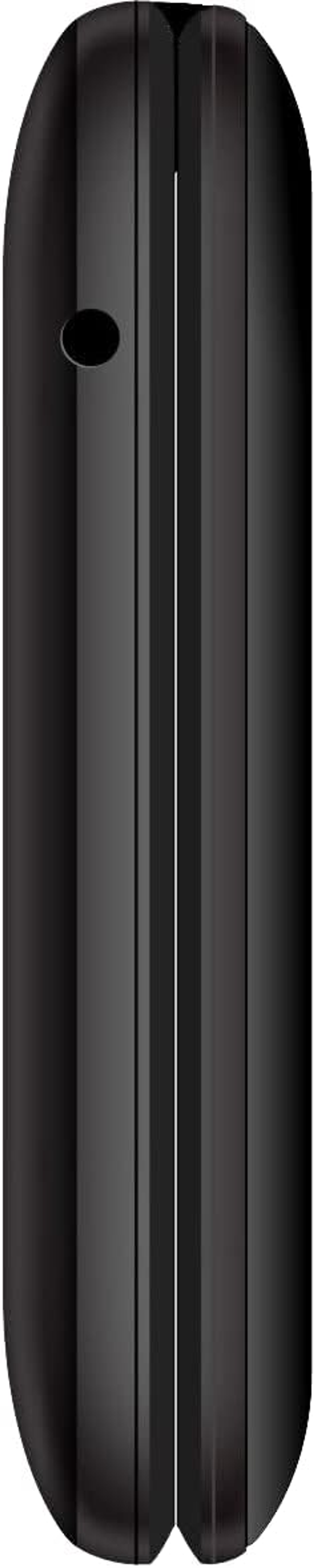 Widok z boku czarnego telefonu z klapką. Są rowki. Jest otwór do ładowania.