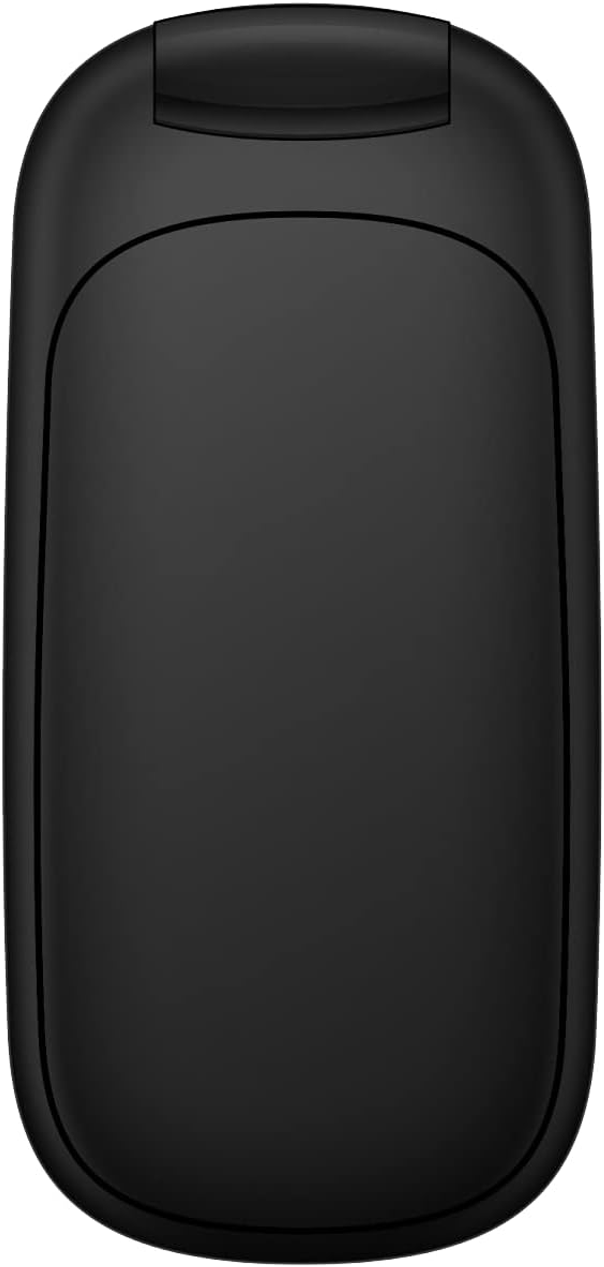 Widok z tyłu czarnego telefonu z klapką. Telefon jest zamknięty i ma zakrzywioną konstrukcję.