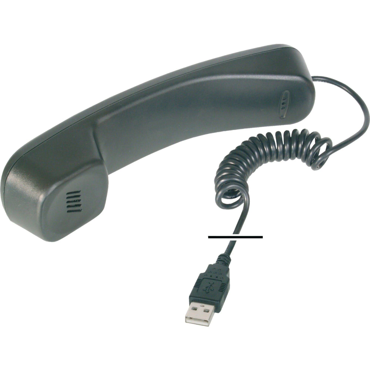 Schwarzer Telefonhörer mit Spiralkabel und USB-Anschluss. Weißer Hintergrund.