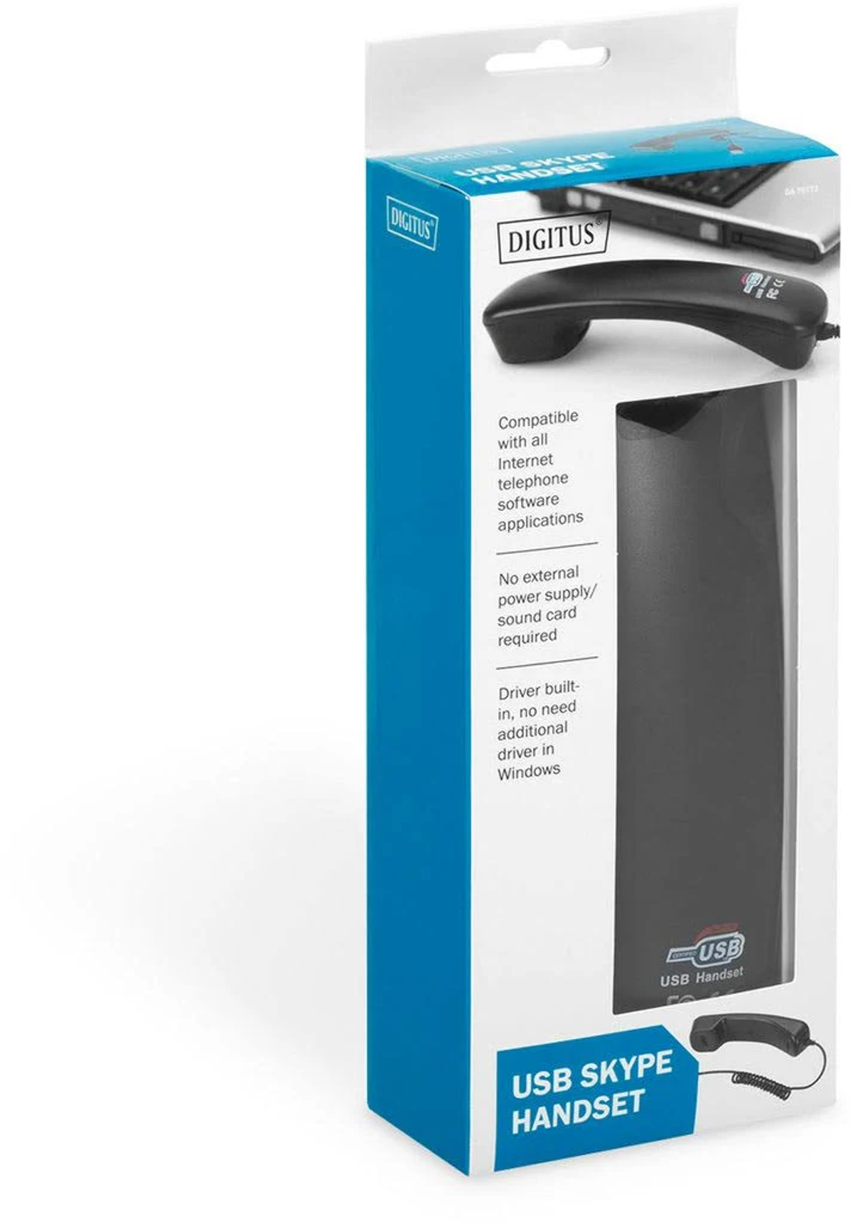 Ein weiß-blau verpacktes USB Skype-Telefon, das Telefonhörer und Box-Informationen zeigt.