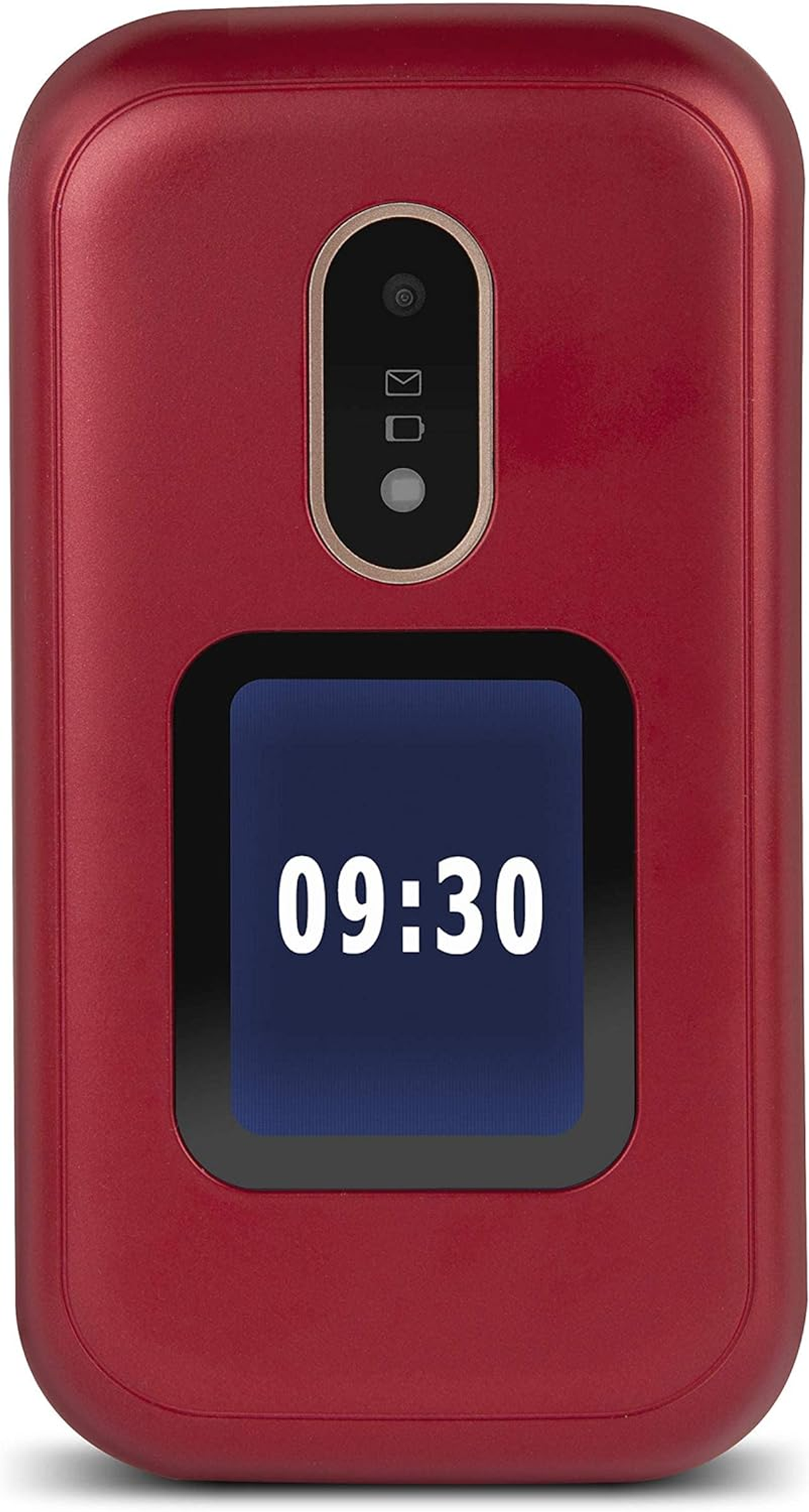 Teléfono rojo plegable mostrando 09:30 en pantalla, con cámara.